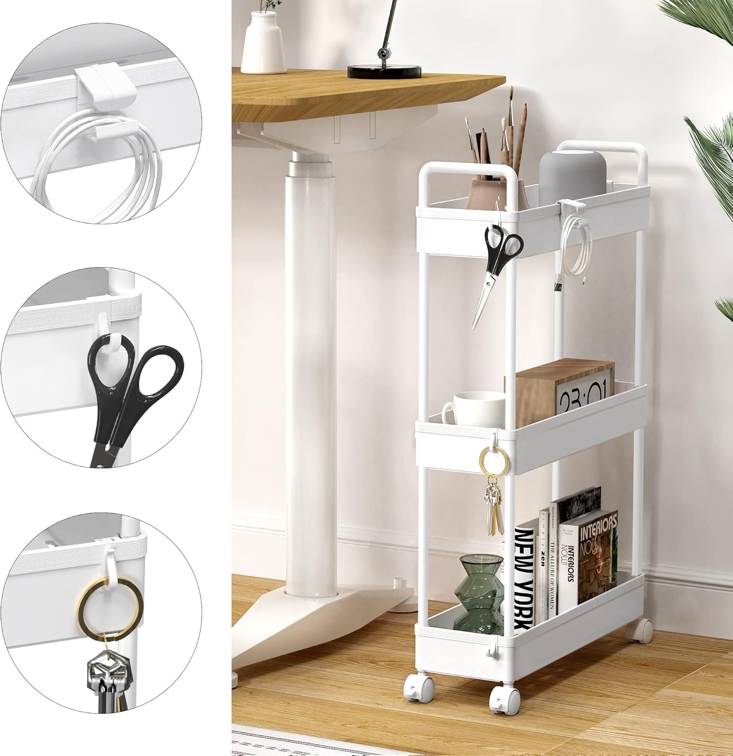 SOLEJAZZ - chariot 3 étagères plastique blanc - mobile cuisine salle bain