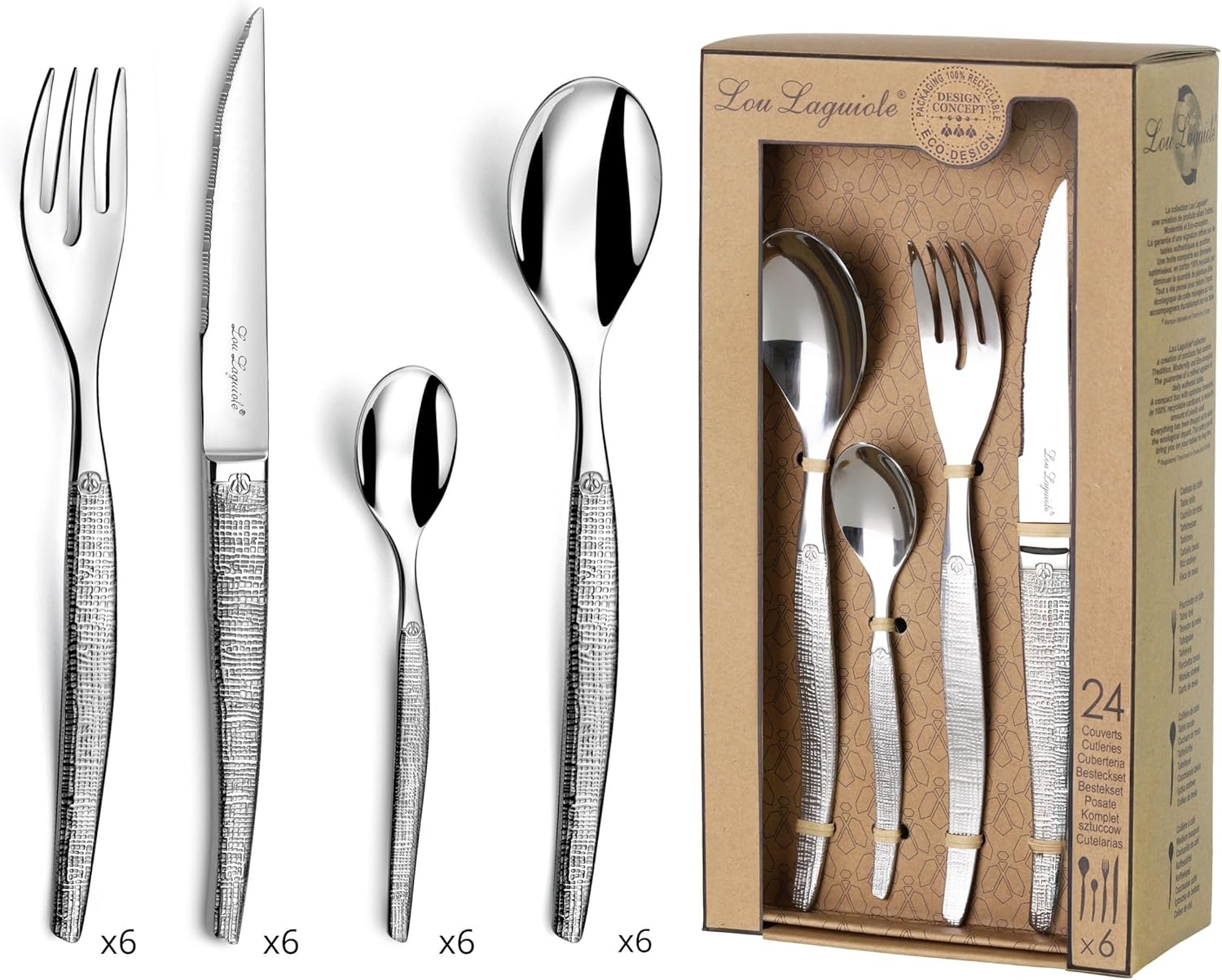 Lou Laguiole - Jet - 24 pièces, inox 18/0, finition texturée