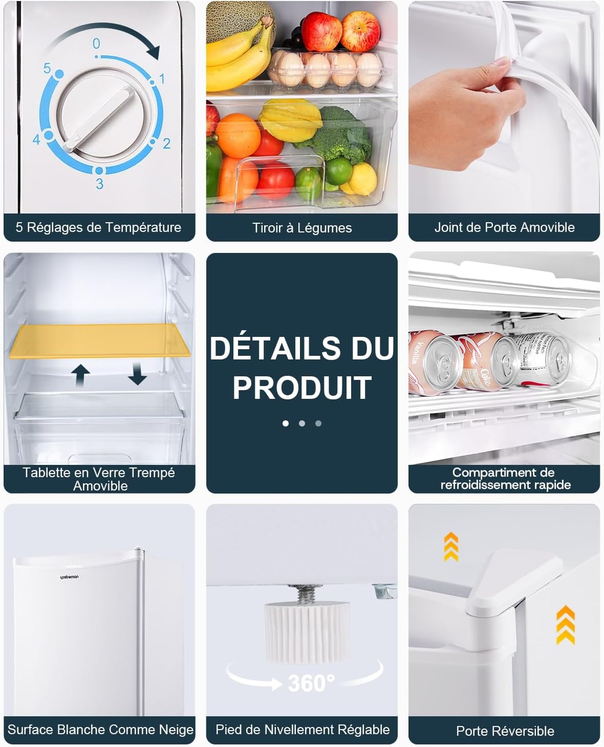 Upstreman - frigo BR321 - 91L, bac à légumes, porte réversible, thermostat