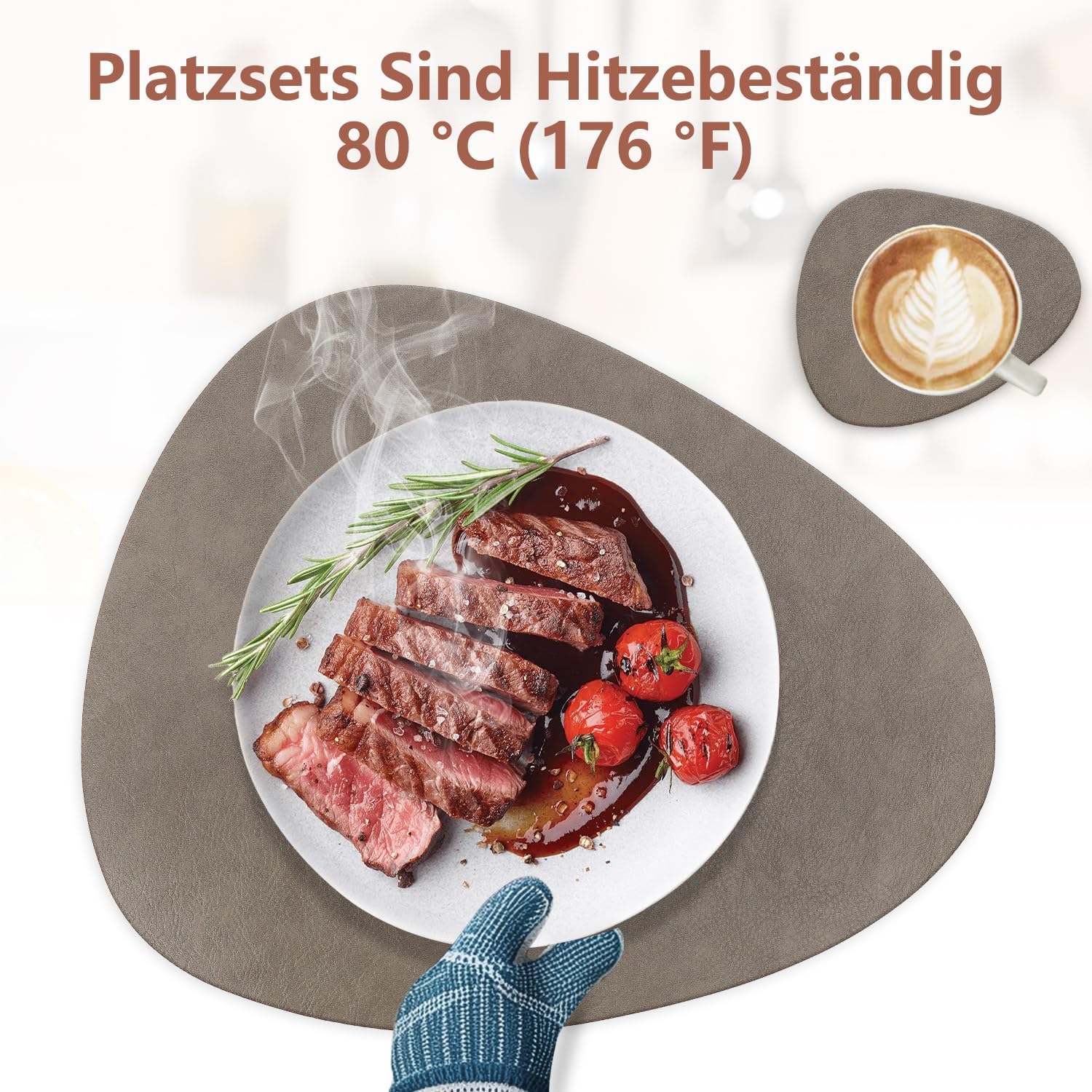 Set de table - ovale 41x33cm - lavable, antidérapant, PU double face, lot de 6, marron clair