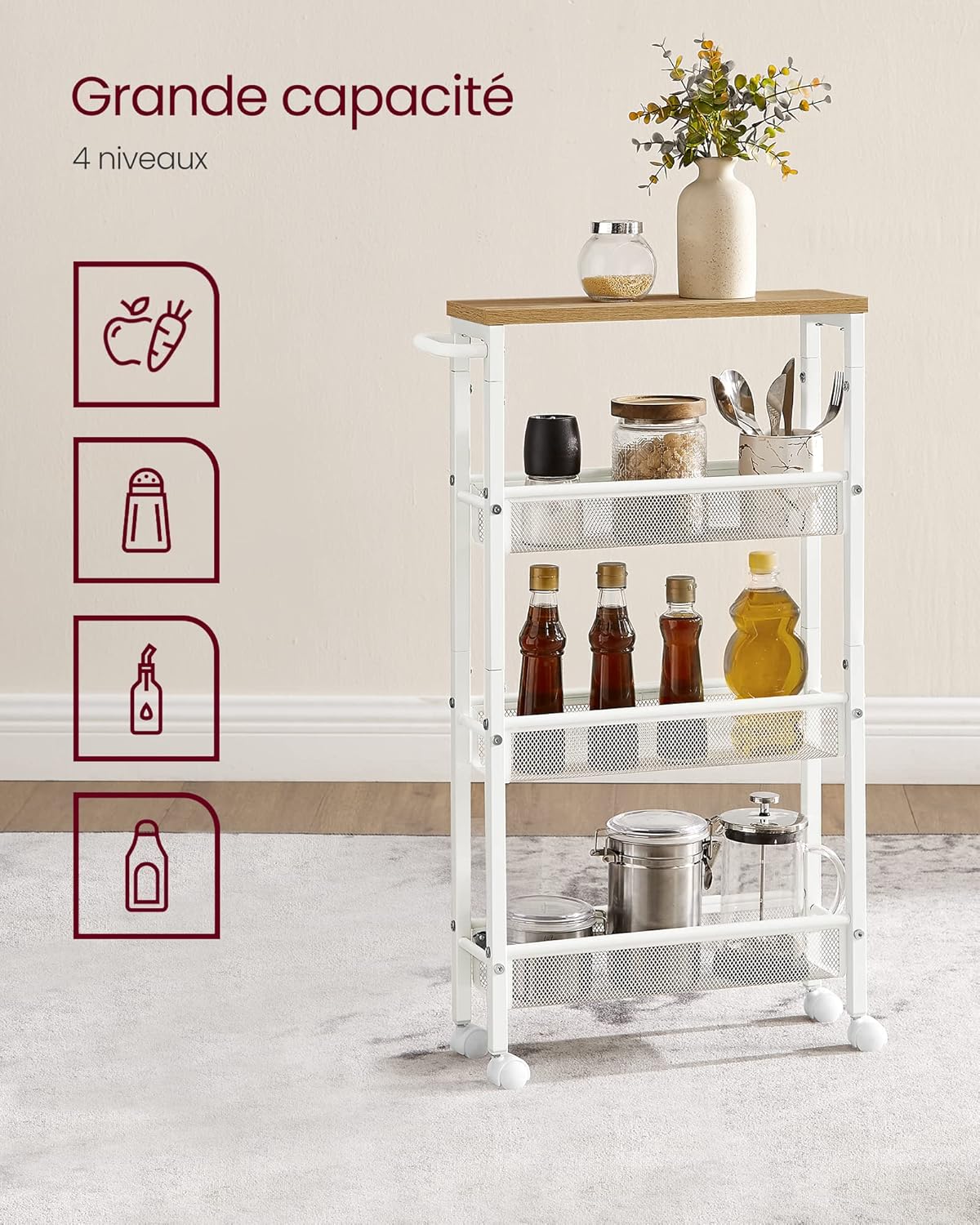 VASAGLE - desserte cuisine 4 niveaux, acier roulettes, 13x45,4x77cm, LRC032W09