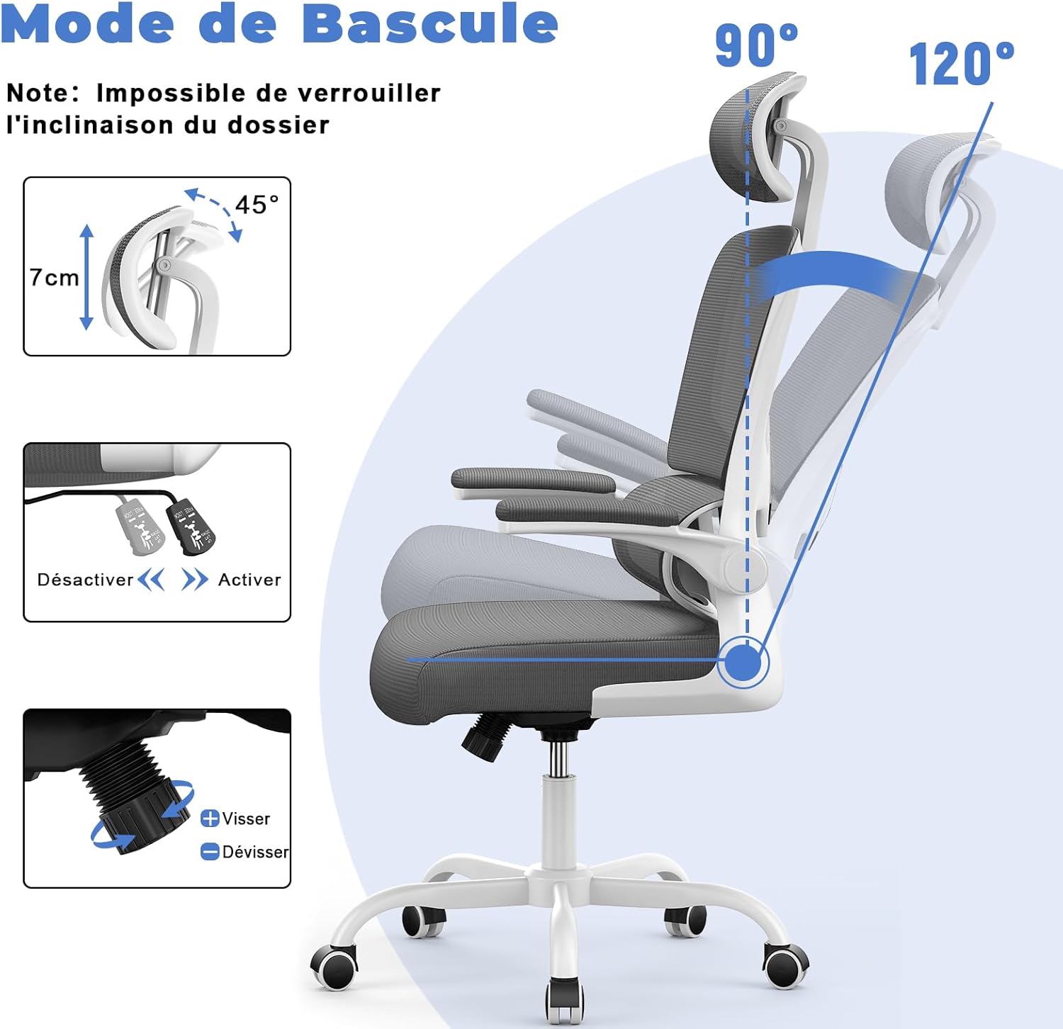 Chaise de bureau ergonomique - support lombaire réglable - appui-tête, accoudoirs réversibles, maille respirante - gris 