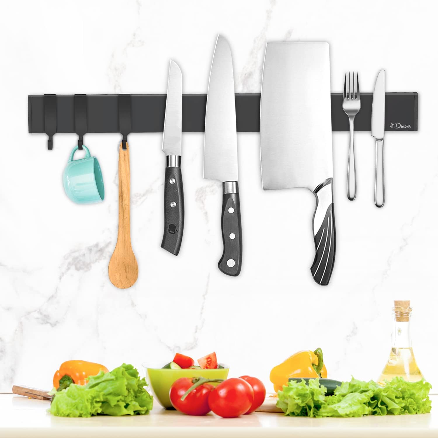Dmore - porte-couteaux avec 3 crochets - 40 cm - aimant extra-fort, adhésif ou vis