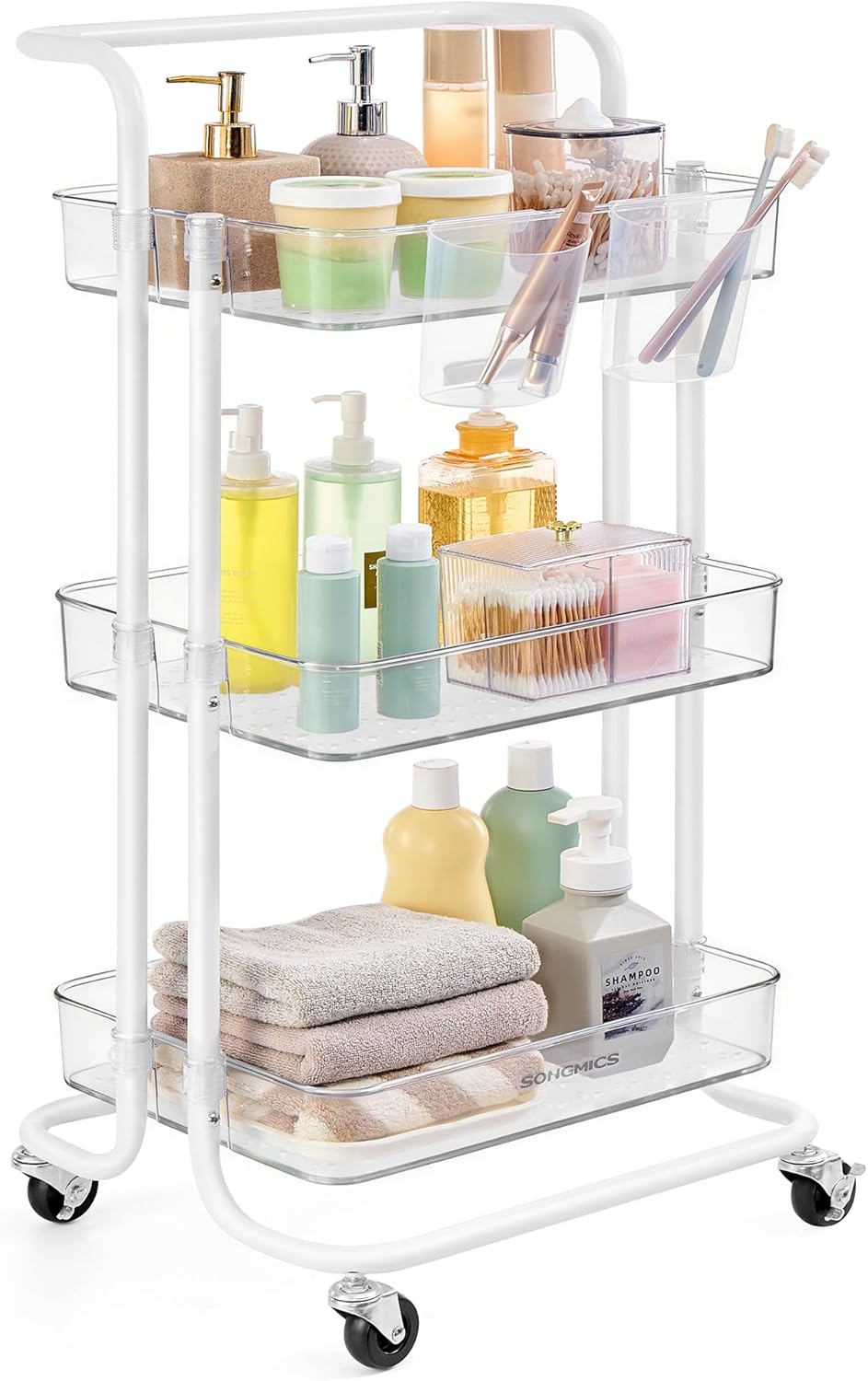 SONGMICS - desserte 3 niveaux, poignée, roulettes, 2 pots, 2 freins, BSC067W03