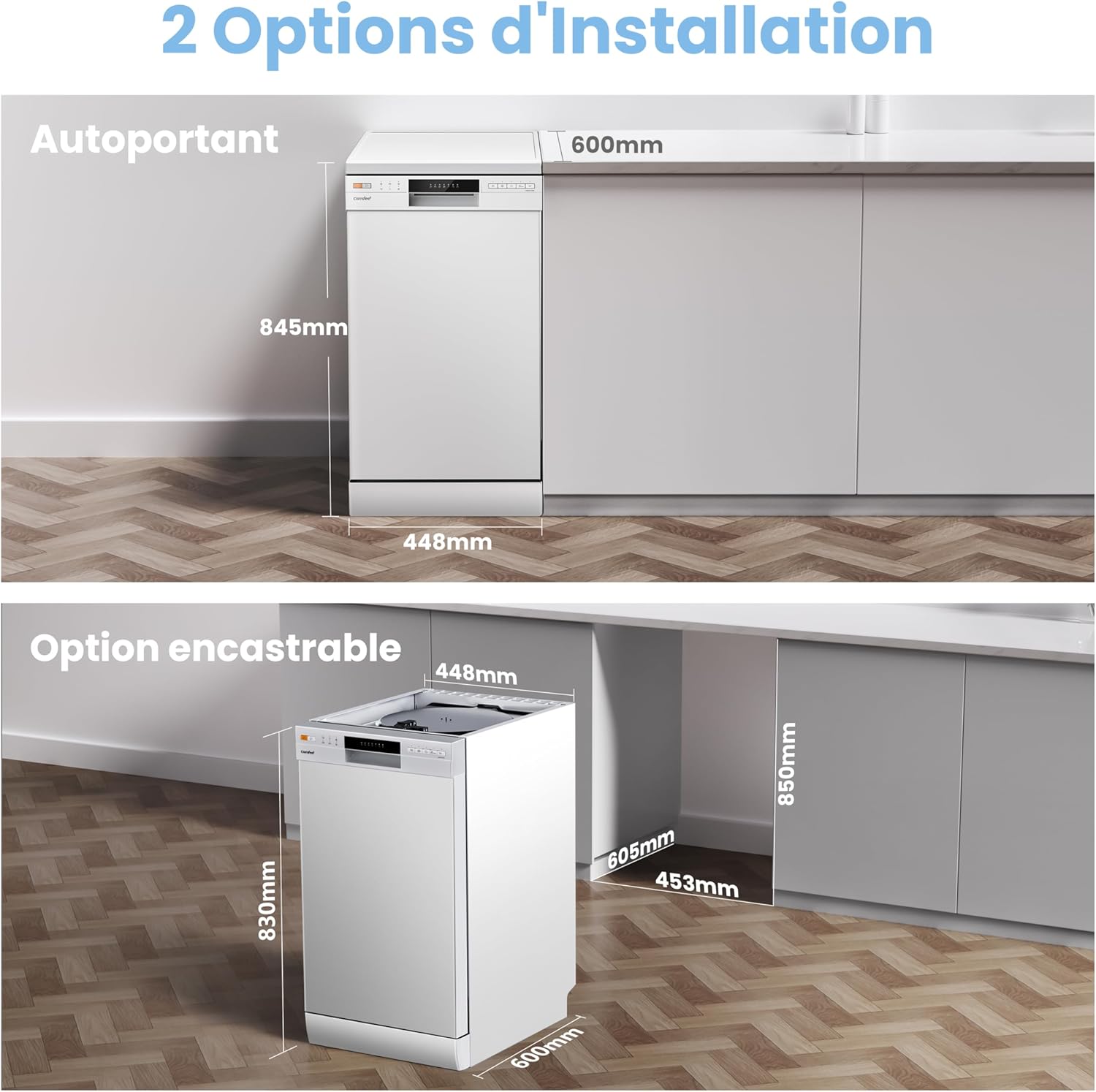 COMFEE' - lave-vaisselle indépendant 10 couverts, départ différé, paniers flexibles, demi-charge - CDWEF1034BW