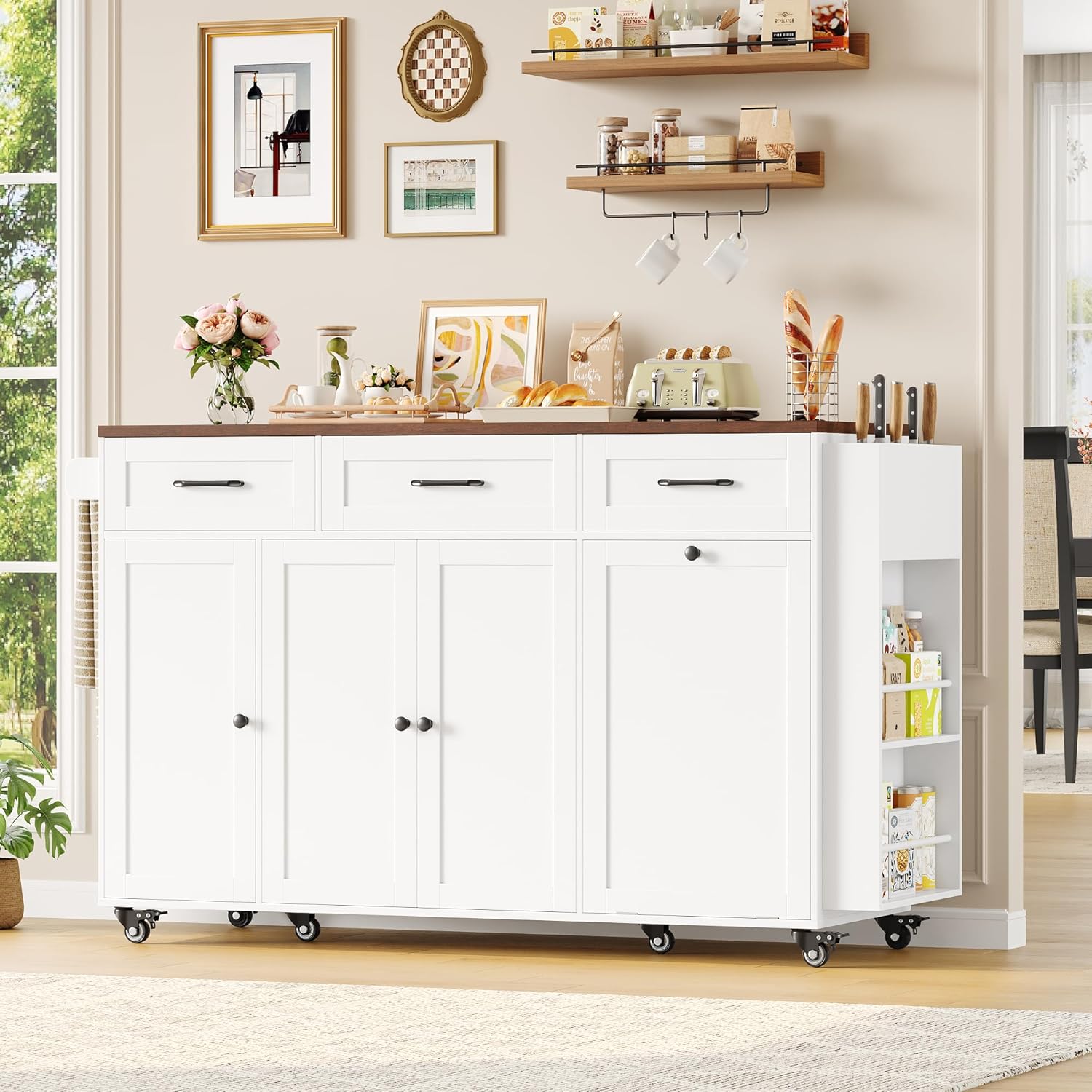 FirFurd - îlot cuisine rangement pliable, USB, blanc, 135x60x88cm