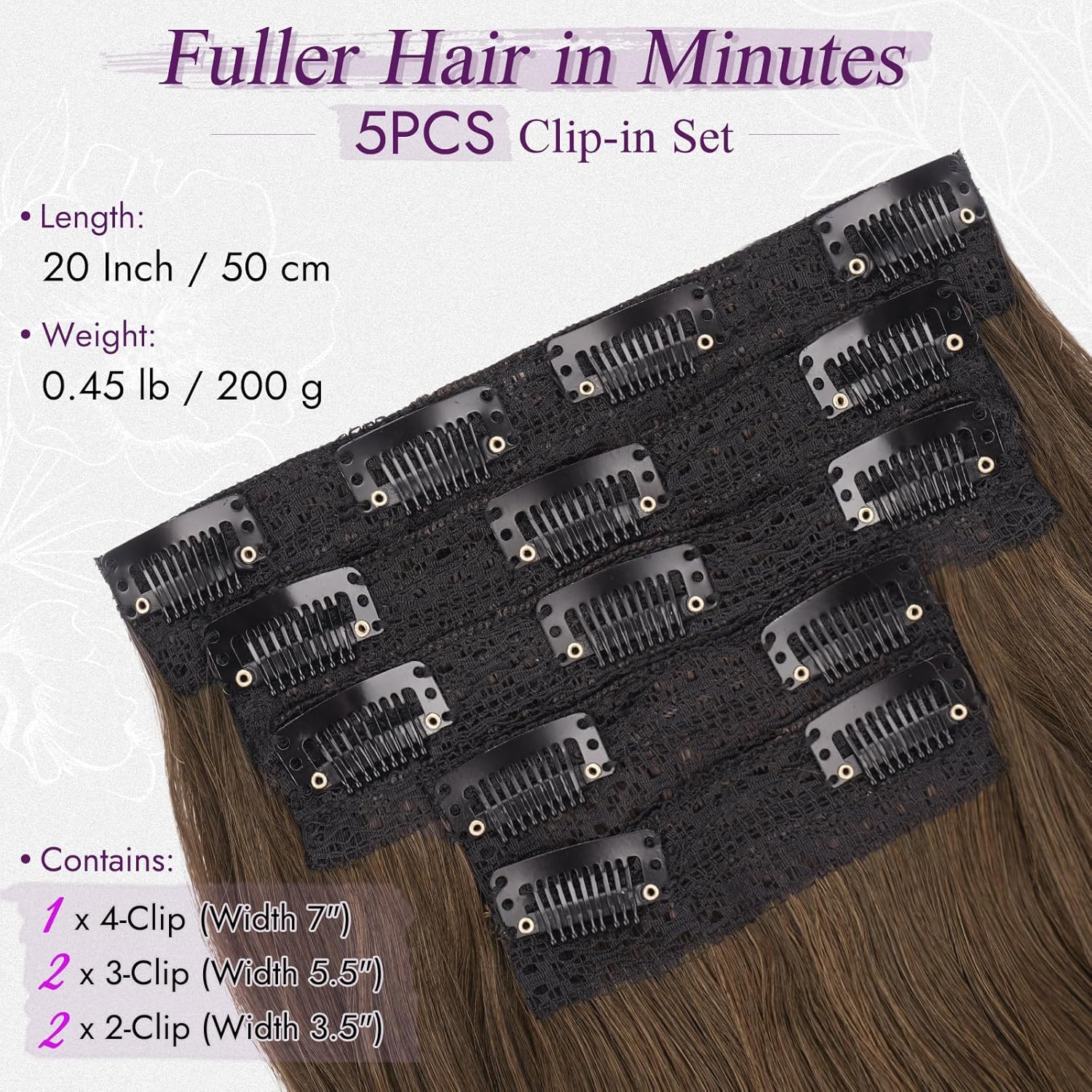 BARSDAR - Extension à clips ondulée 50cm - 5pcs cheveux brun