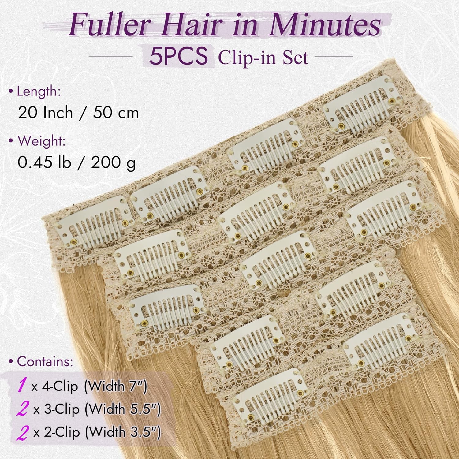 BARSDAR - Extensions à clips ondulées 50cm, blond cendré, lot de 5, synthétique