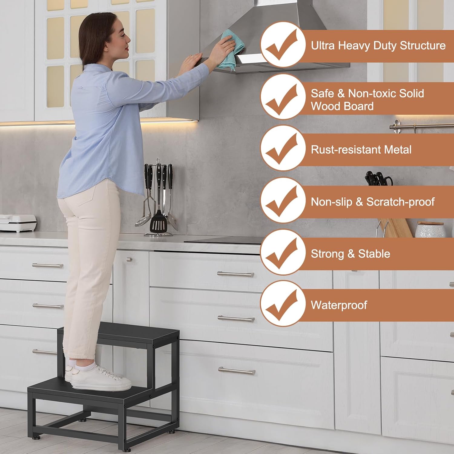 LIANTRAL - tabouret 2 niveaux acier/bois - 200kg - marchepied adultes enfants