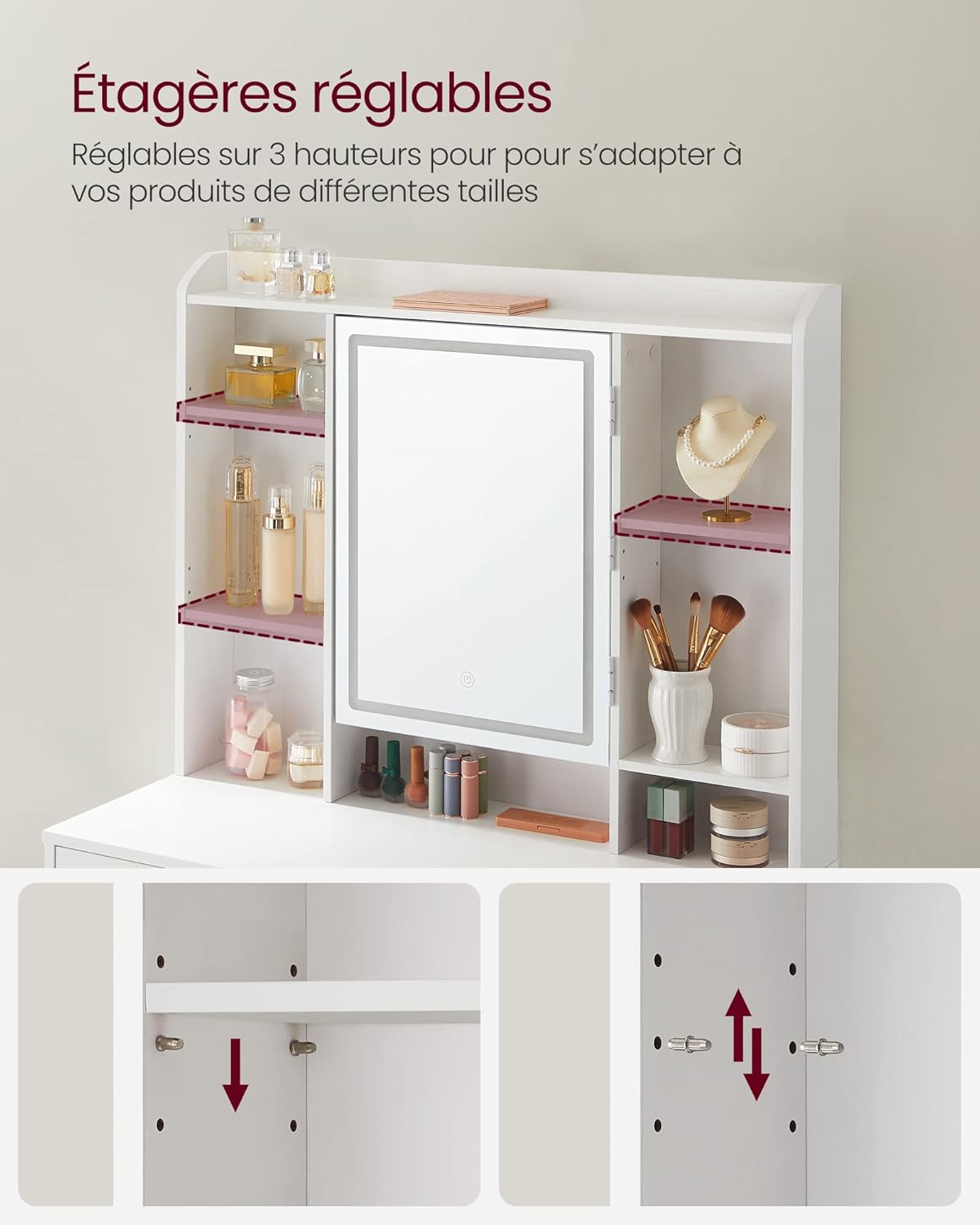 VASAGLE - Kailyn Collection - coiffeuse LED, 3 couleurs, 2 tiroirs, étagère réglable, blanc, RDT723W01