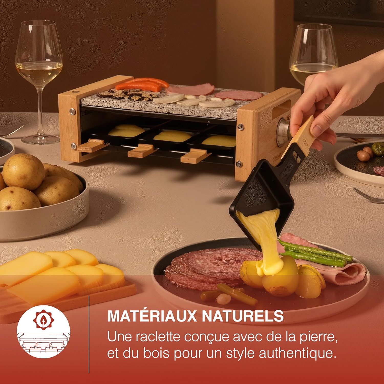 H.Koenig - raclette multifonction 6 personnes, pierre granit, bois, fondue, 900W, WOD6
