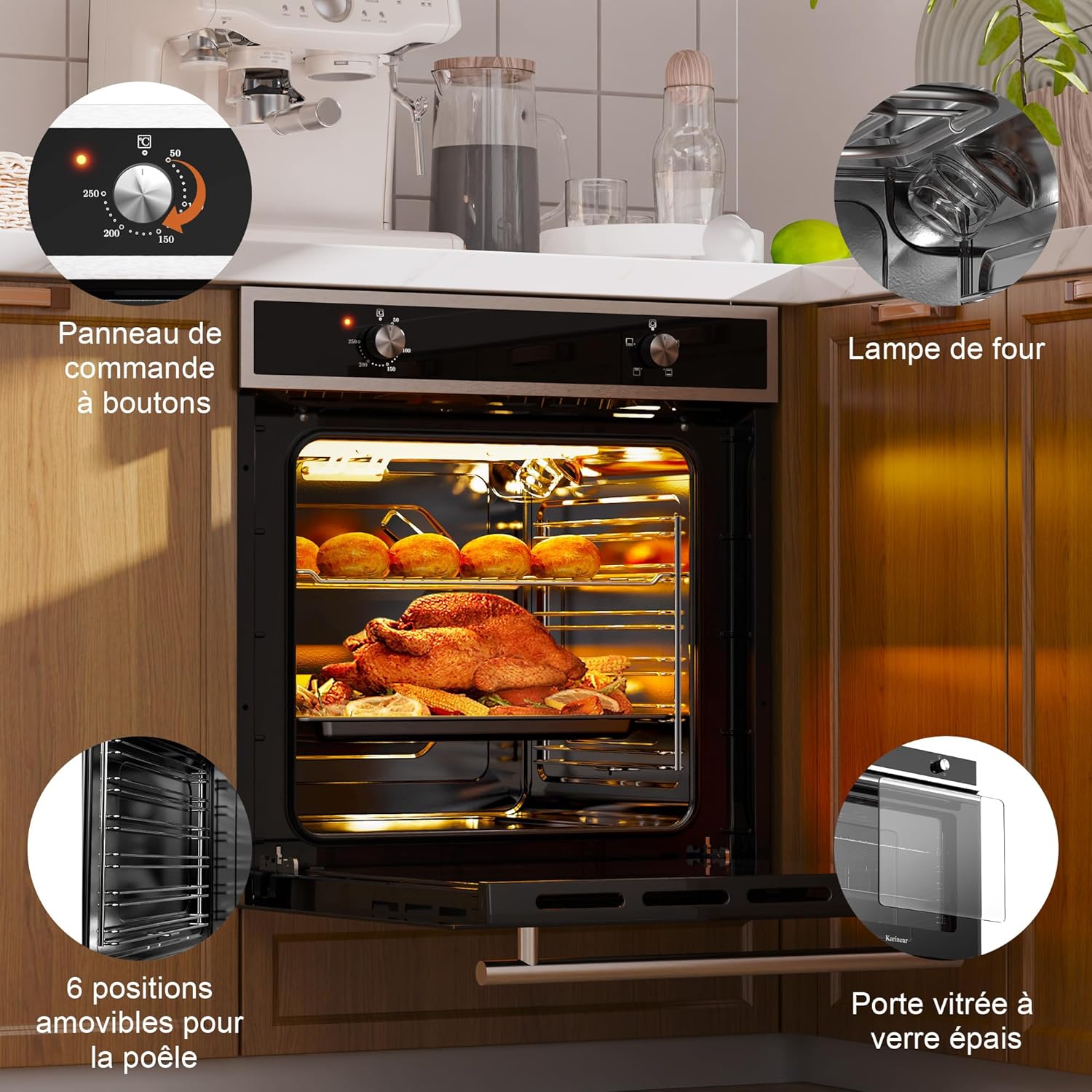 Karinear - four électrique 60 cm, 65L, 4 programmes, 2200W, verre trempé