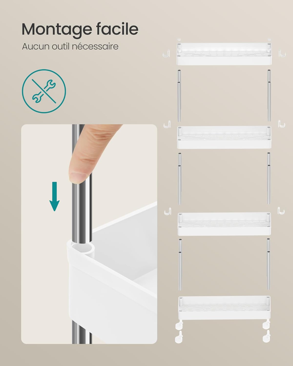 SONGMICS - chariot cuisine 4 niveaux, acier, 23,6x42x86cm, 6 crochets, KSC10WT