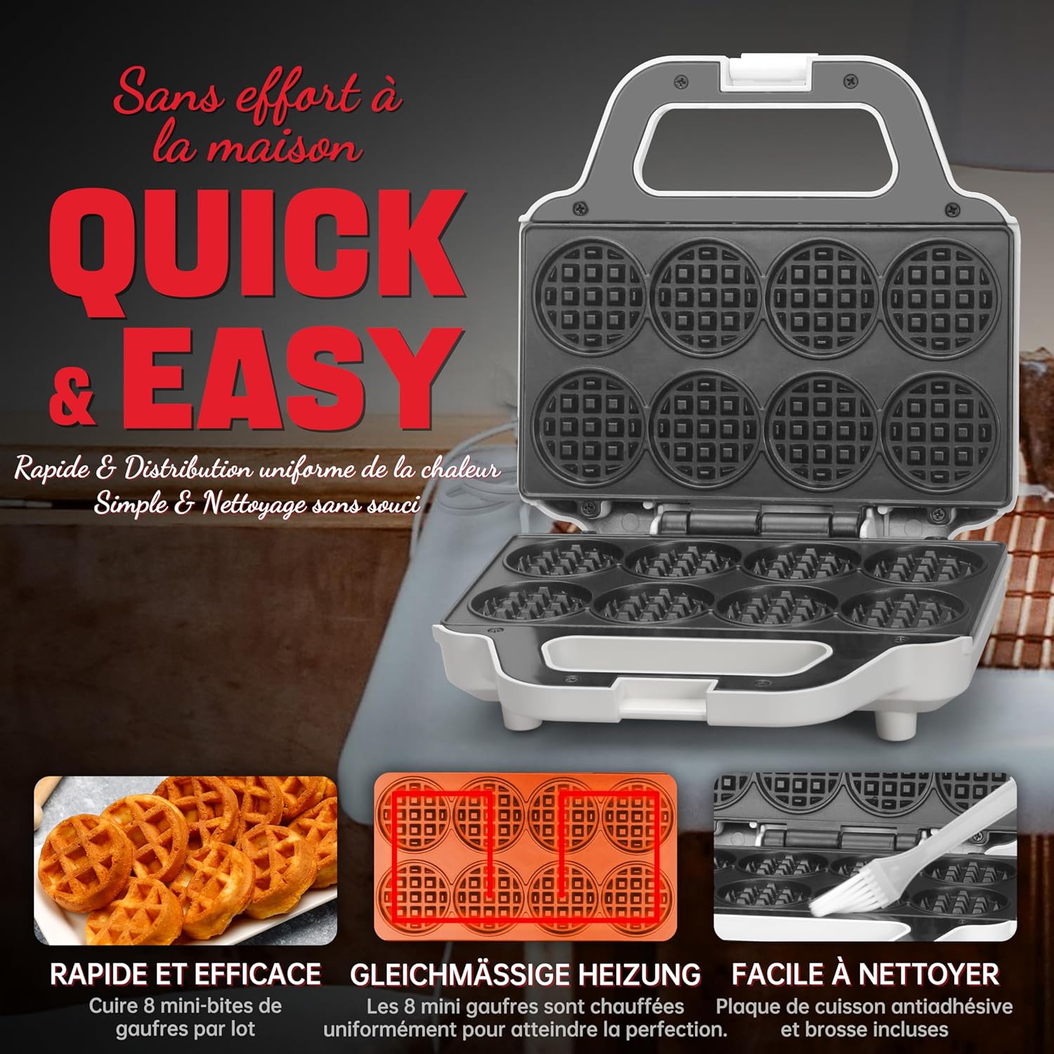 Mini Waffle Maker - petit gaufrier 8x5cm, compact, surface antiadhésive, recette incluse, blanc