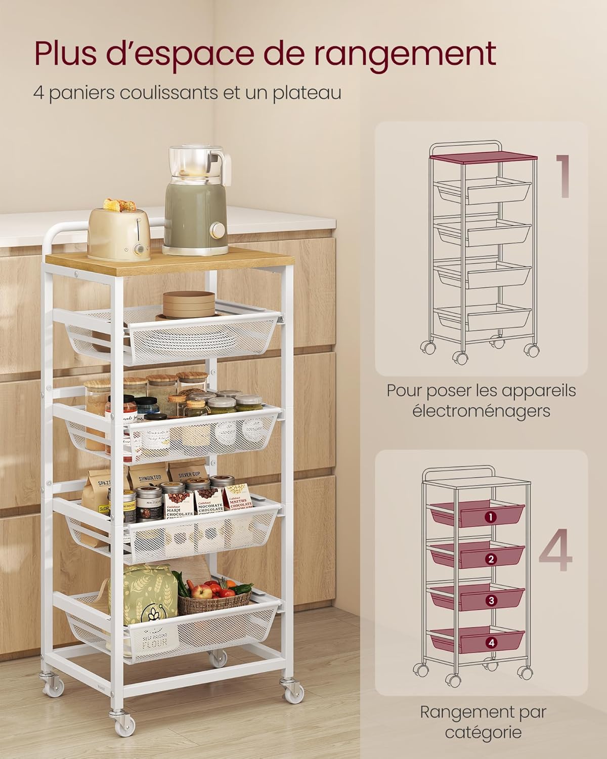 VASAGLE - chariot de rangement à 5 niveaux, 31,7x40x95cm, paniers extractibles, roulettes, poignée, LRC041YA01