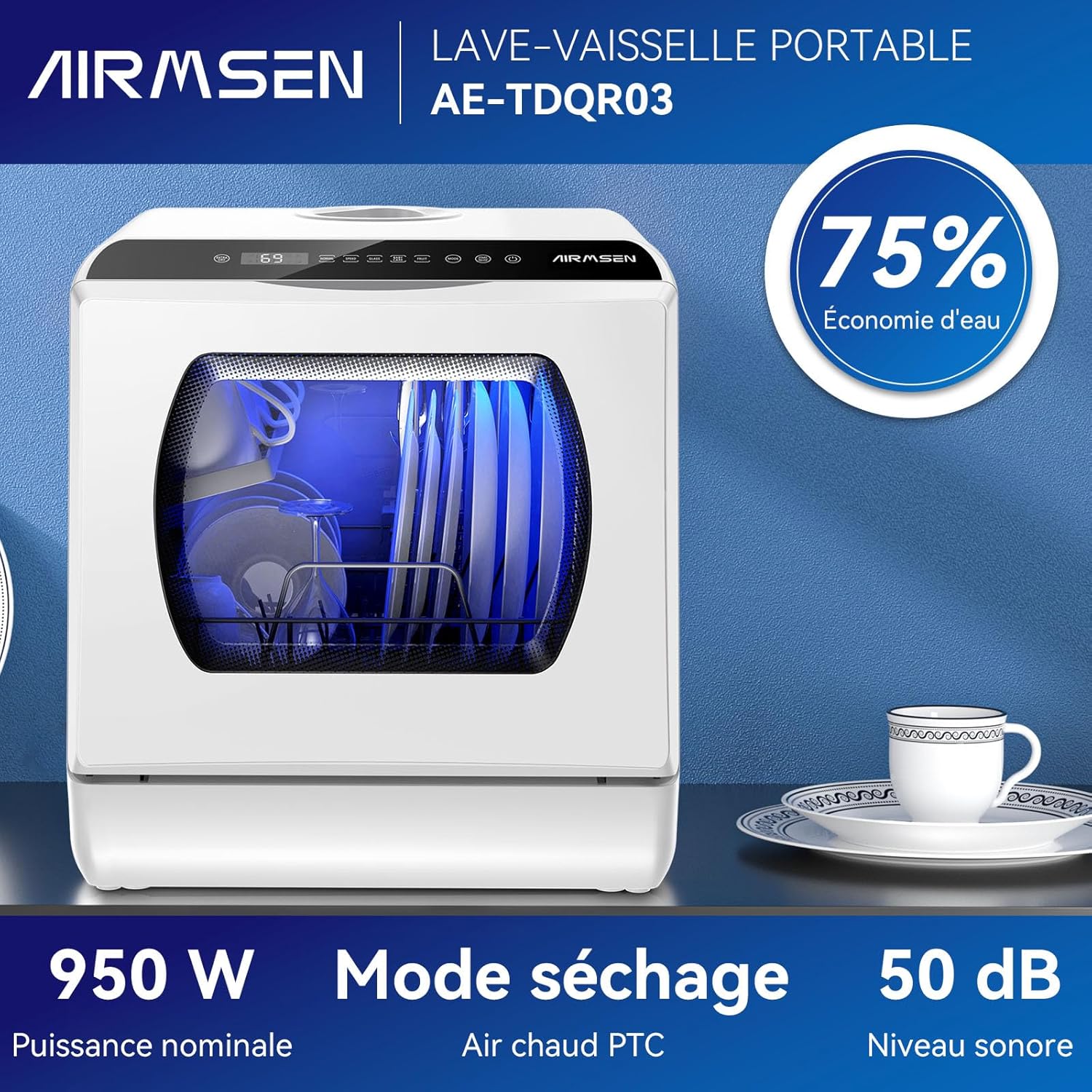 AIRMSEN - Mini lave-vaisselle compact, 5L, 6 programmes, écran LED