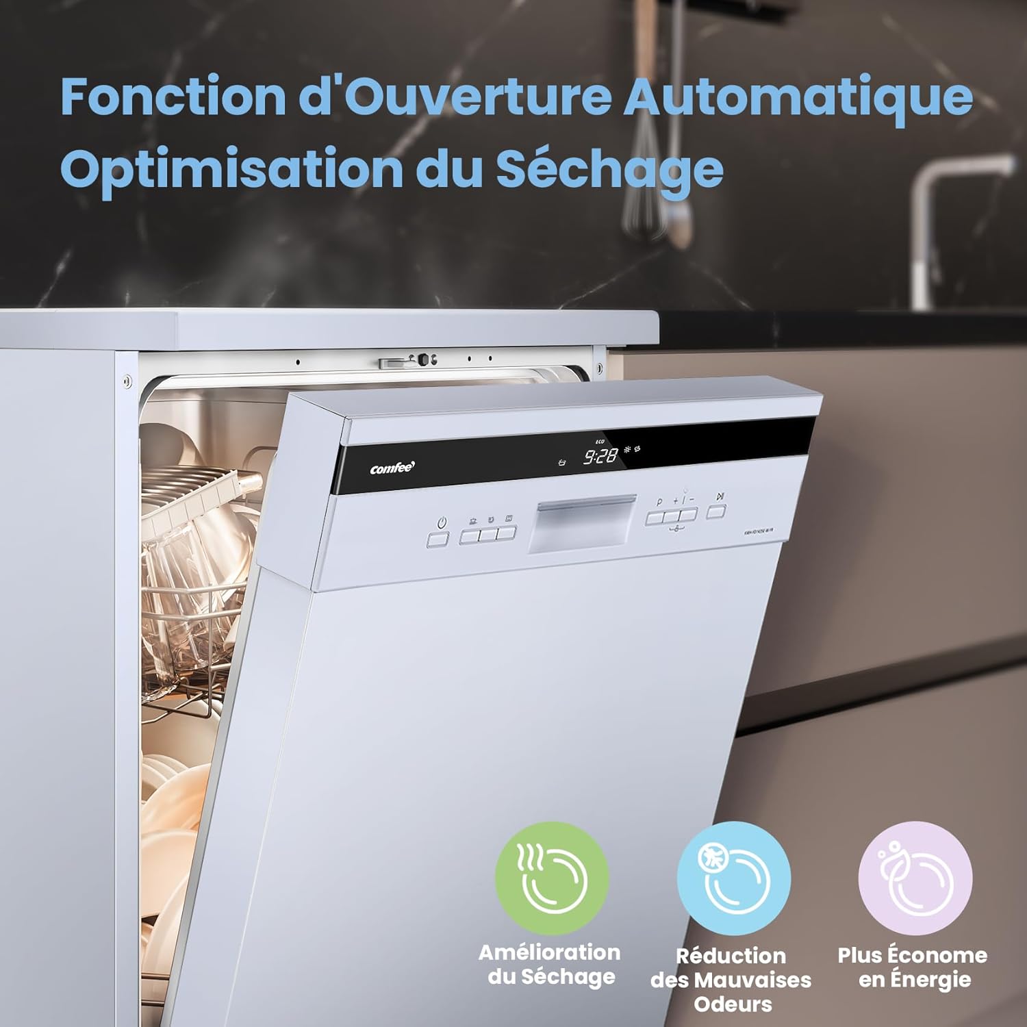 COMFEE' - lave-vaisselle grand format, 14 couverts, 44 dB, grand écran LED, départ différé, supports flexibles, FD1435E-