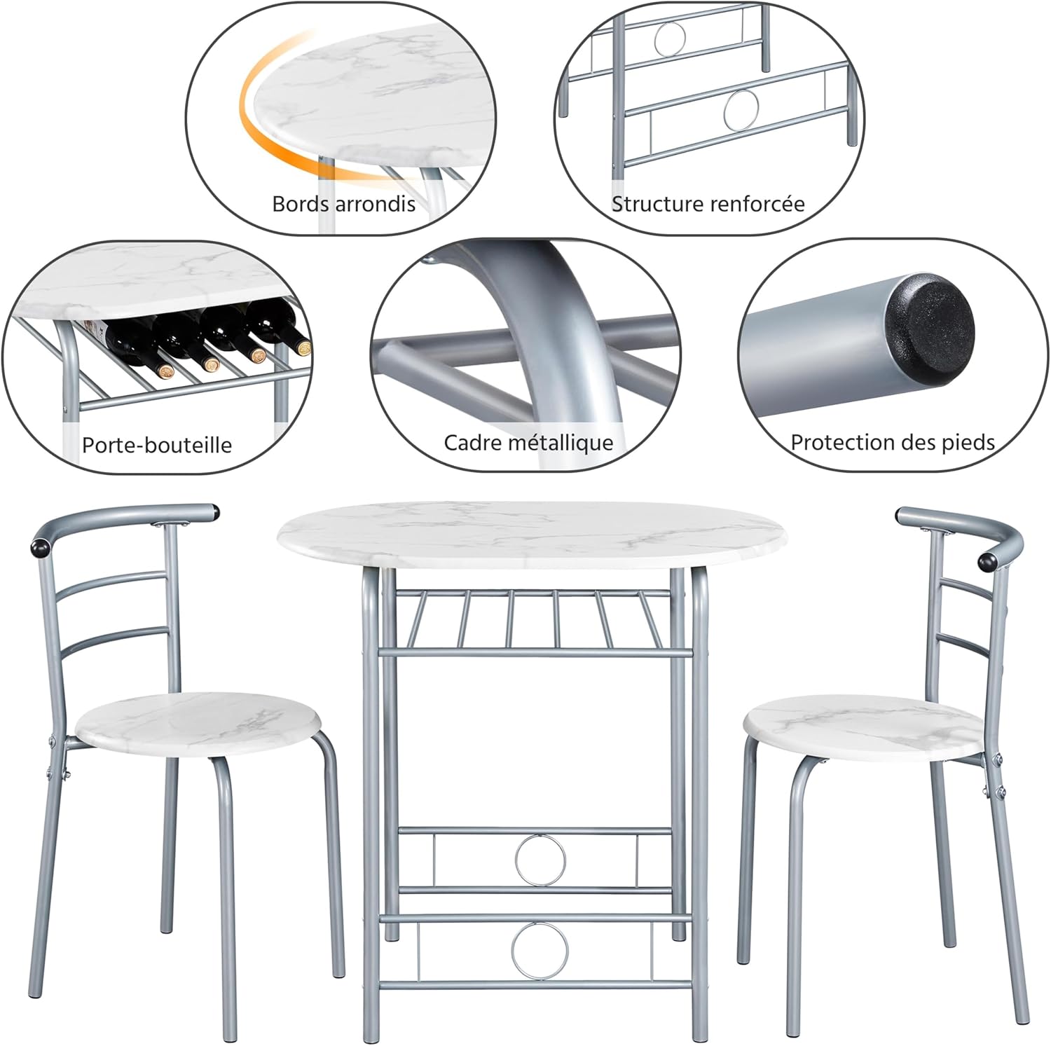 Yaheetech – Ensemble table ronde, 2 chaises, bois MDF, métal, porte-bouteilles, pour petit espace, Studio Blanc