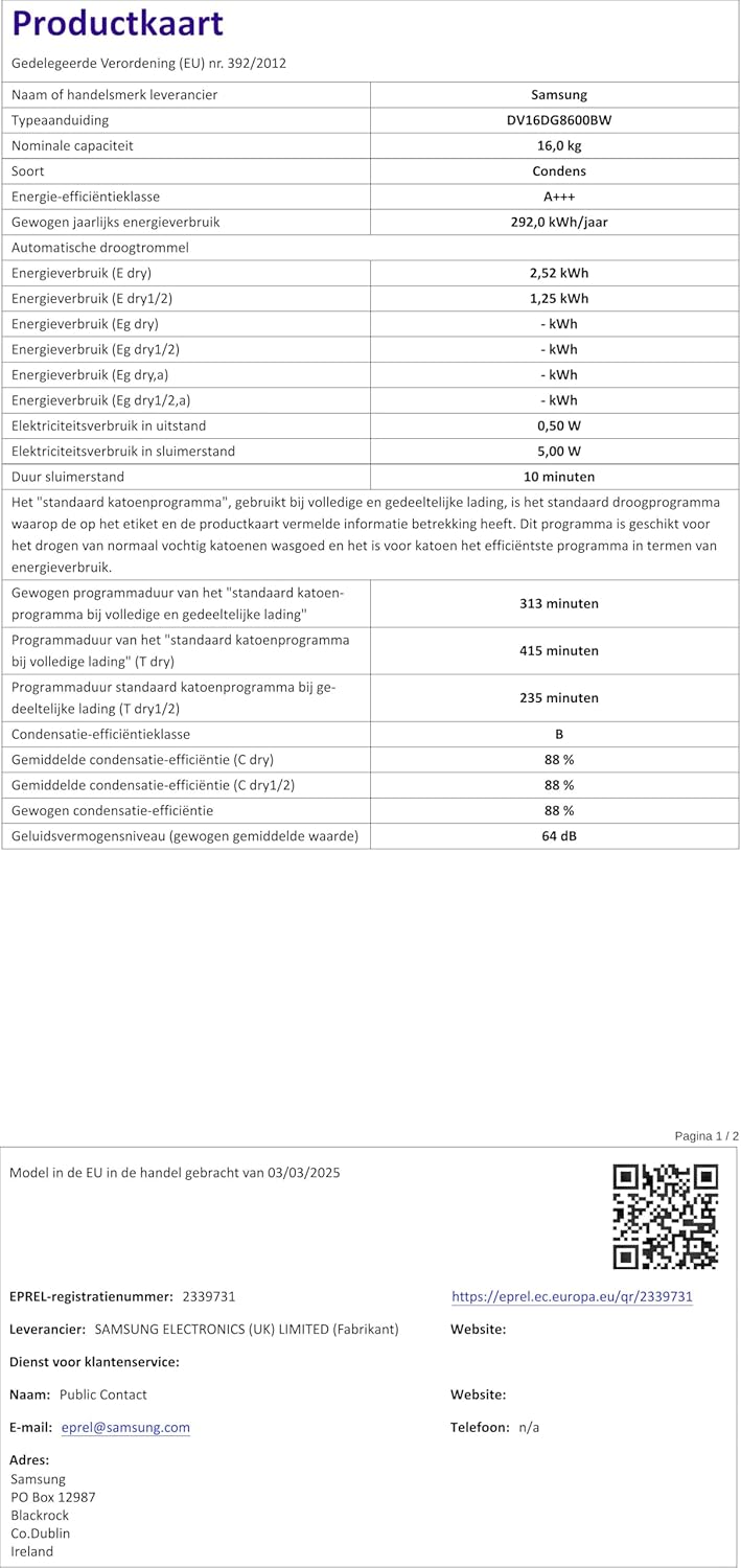 Samsung - Sèche-linge AI Dry, pompe chaleur, WiFi, 16kg, 68.6x98.4x84.4cm - DV16DG8600BW/U3