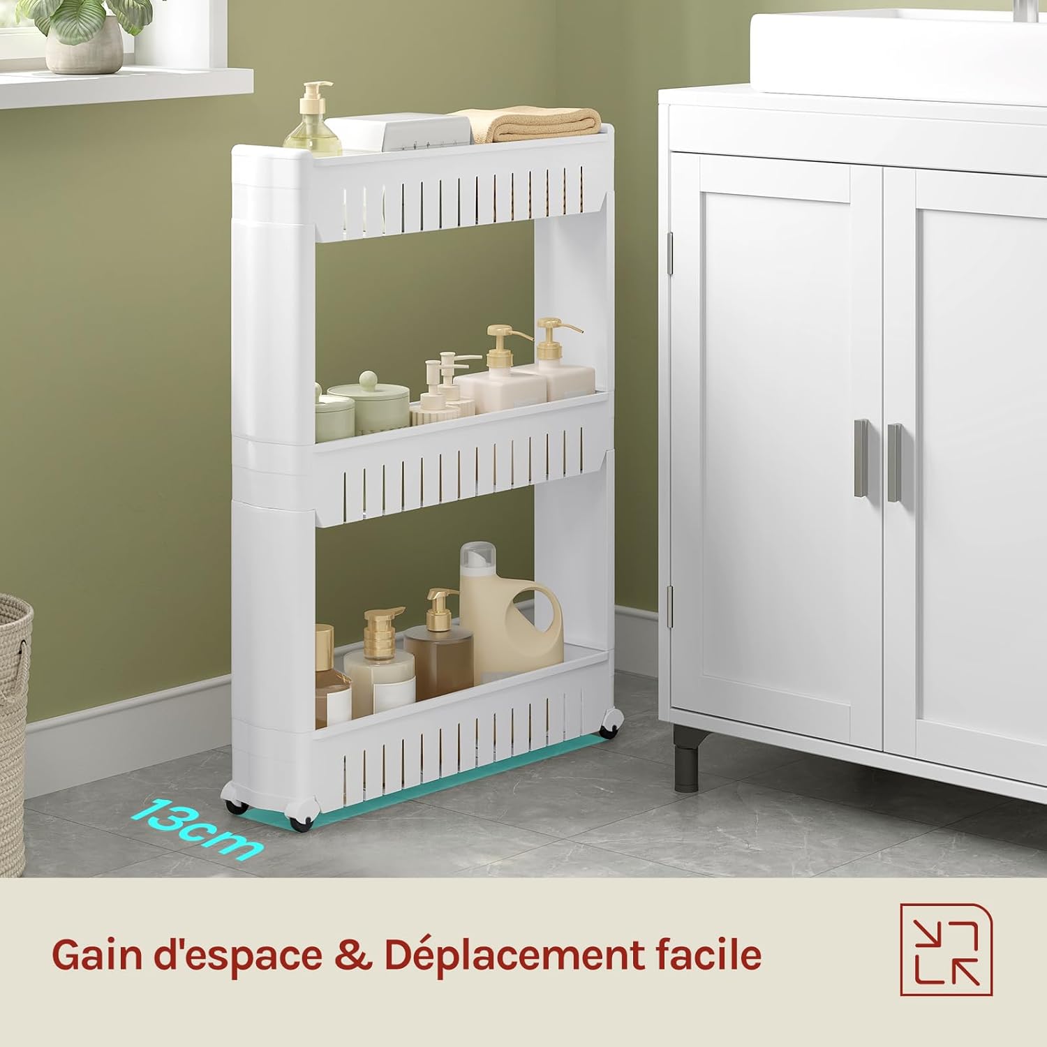 WOLTU - Étagère à roulettes 3 compartiments, compact, blanc