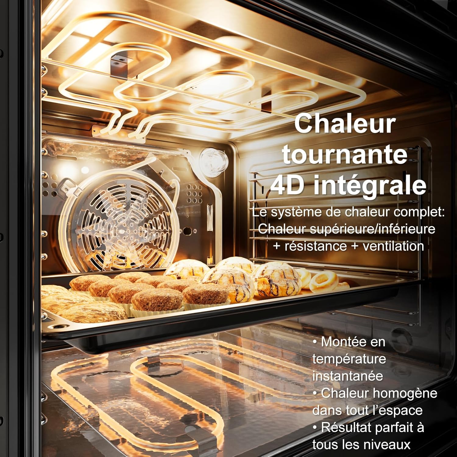 Four encastrable - 60 cm, 70 L, chaleur tournante 4D, 8 modes, sécurité enfant