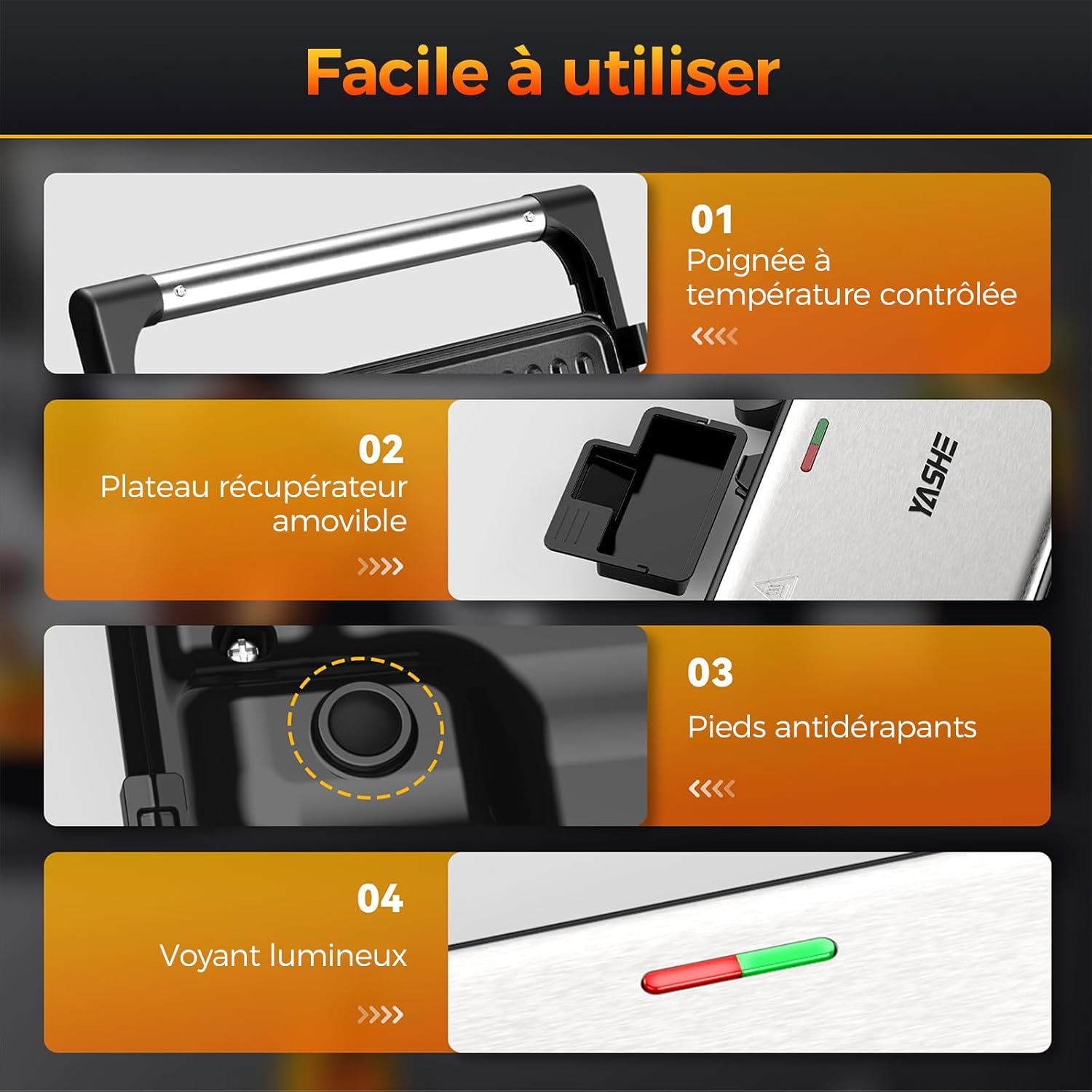 YASHE - Grille-Panini 2 tranches, 1500W, plaques XXL antiadhésives