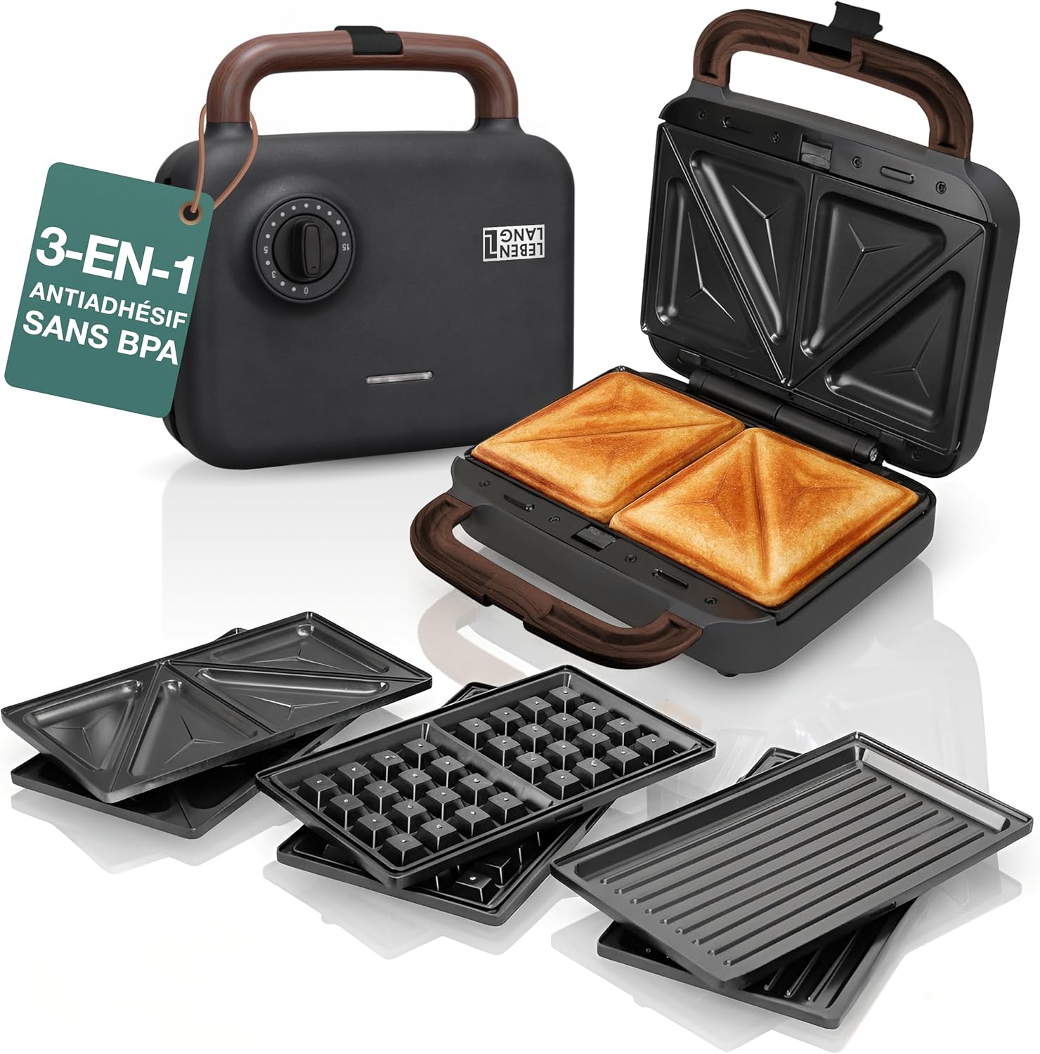 LEBENLANG - Appareil 3 en 1 - 750W, 3 plaques, grill, gaufre, sandwich
