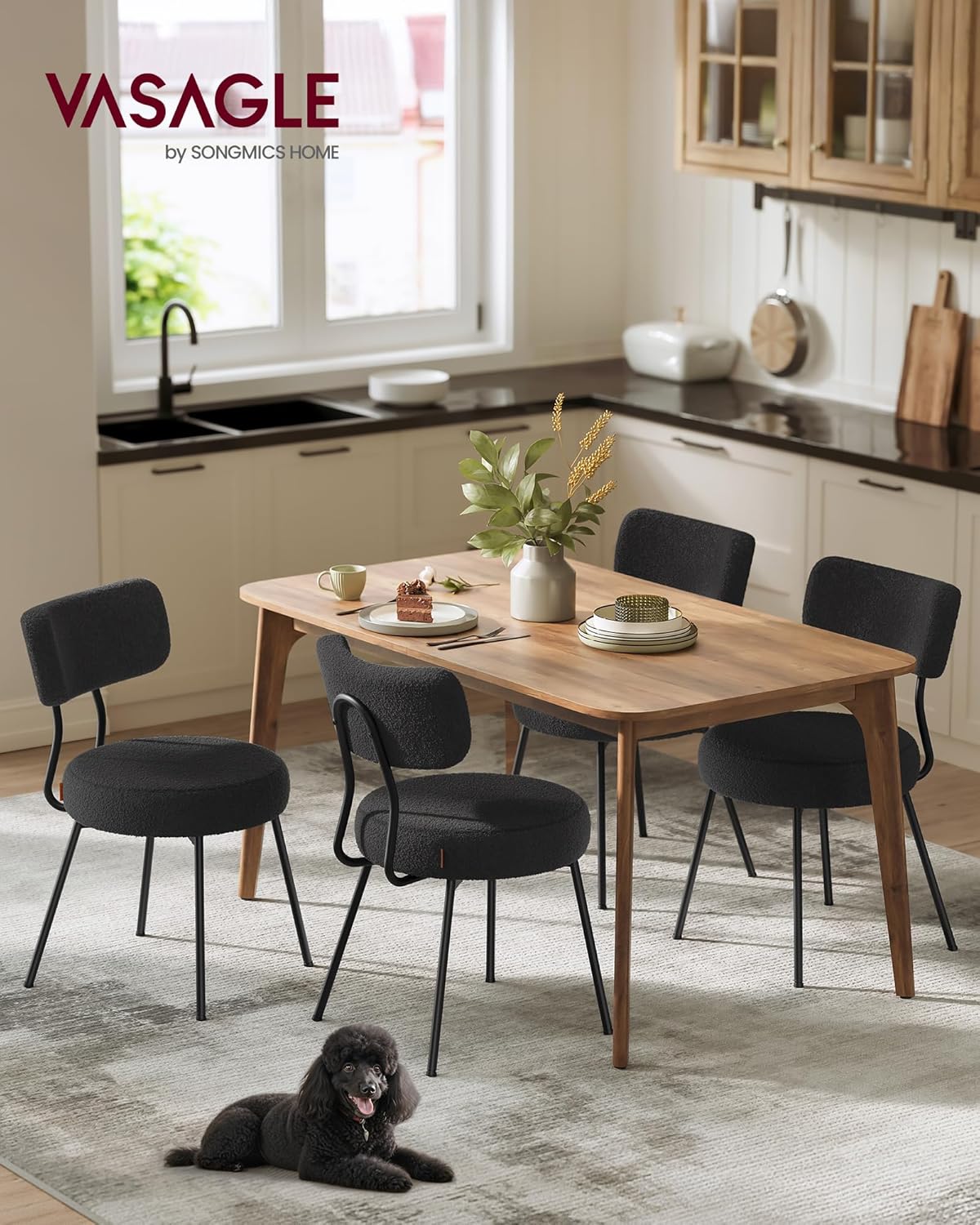VASAGLE - Chaises salle à manger, lot de 4, tissu peluche, dossier courbé, cadre acier, rembourrées, noir, KDC110B14