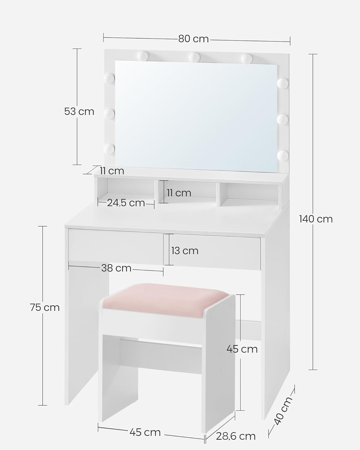 VASAGLE - Kailyn Collection - 80 cm - coiffeuse miroir lumineux, tiroirs, tabouret, RDT720W01
