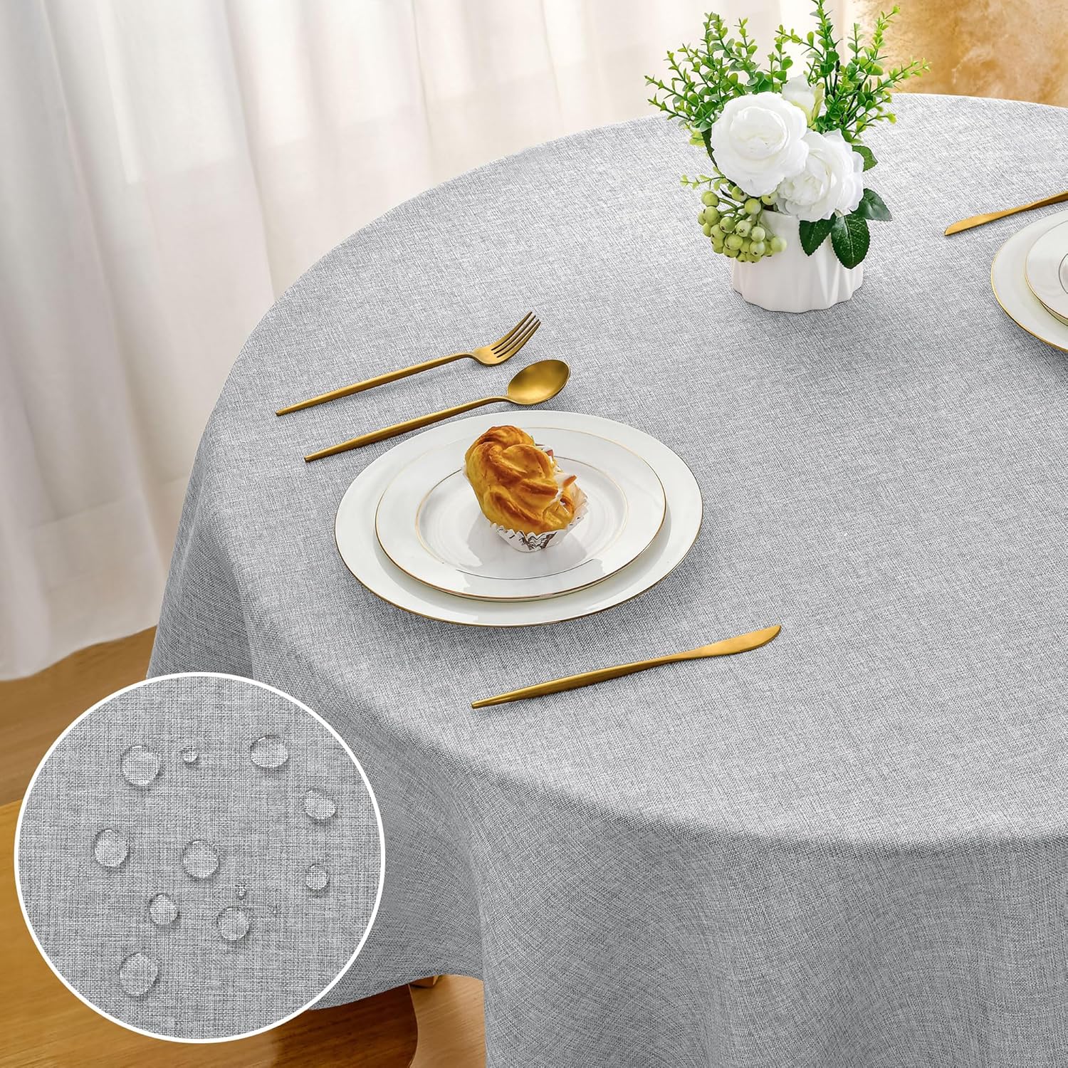 DWCN - Nappe ronde lavable imperméable 140 cm effet lin Gris Clair