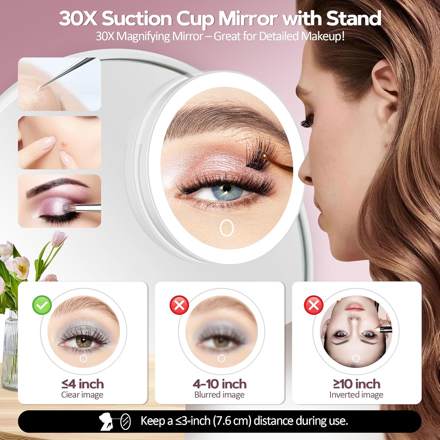 Miroir grossissant - 30x, éclairage à intensité variable, ventouse, couleurs multiples, format table ou mural