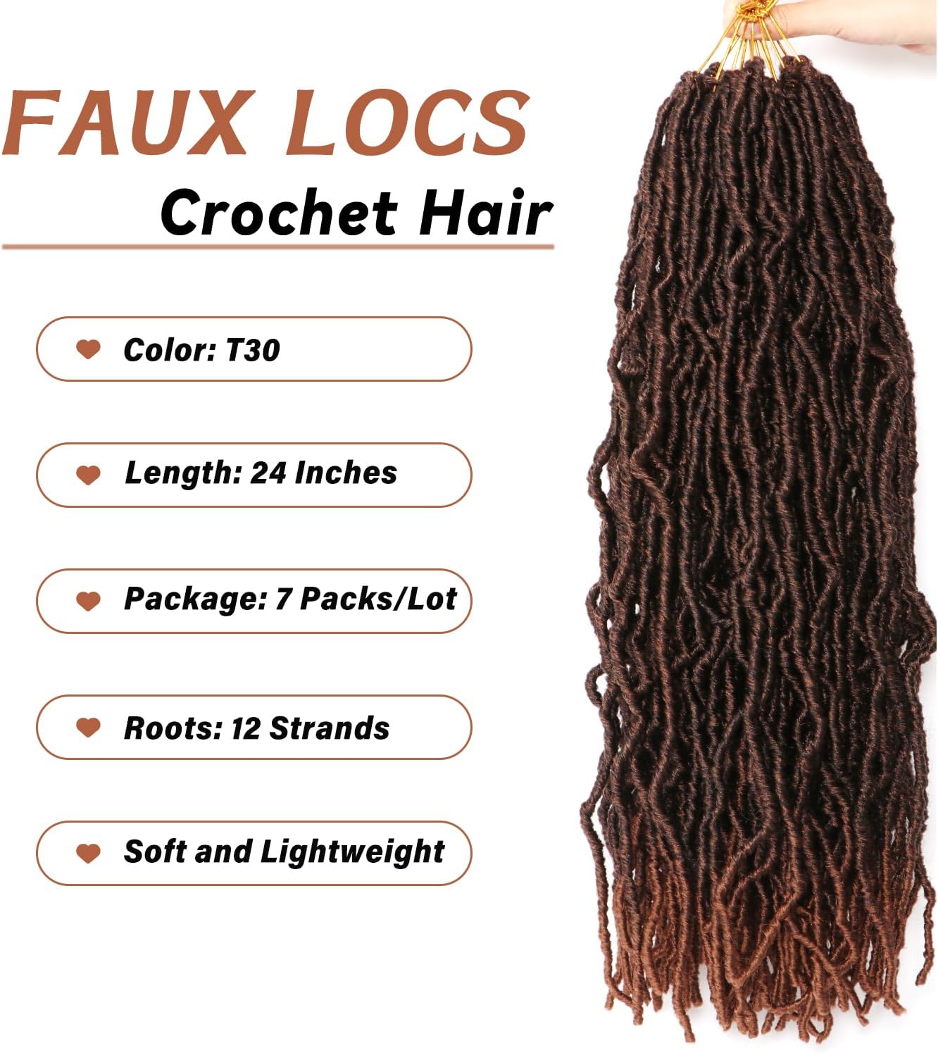 Faux Locks Crochet Braids - Soft Locs - 60,9cm - 8 packs mèches bouclées #1B-30