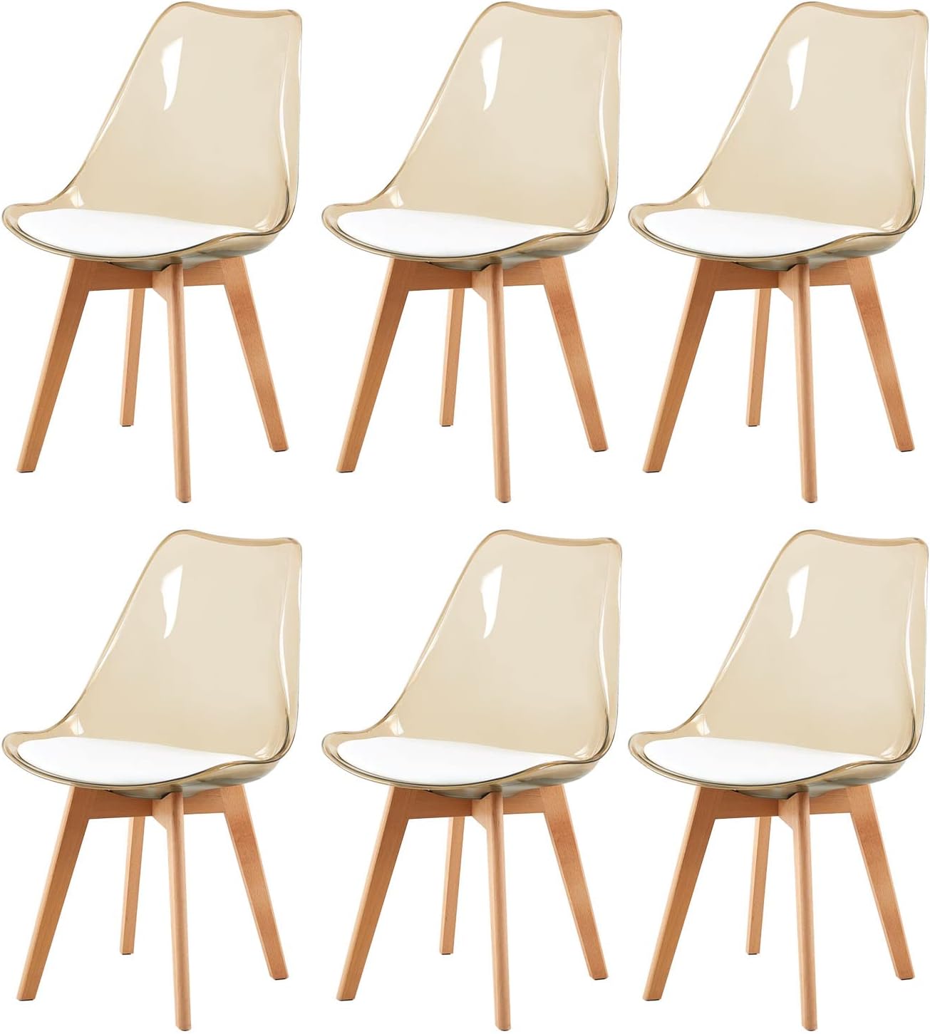 EGGREE - chaises scandinaves lot de 6 - bois hêtre, coussin cuir, dossier transparent, test SGS