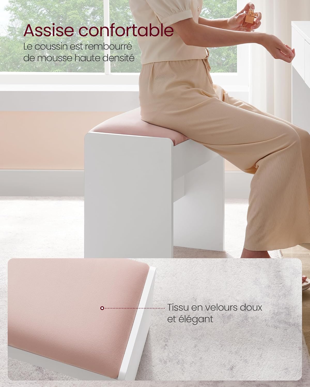 VASAGLE - Kailyn Collection coiffeuse, miroir, tabouret, étagères, blanc, RDT719W01