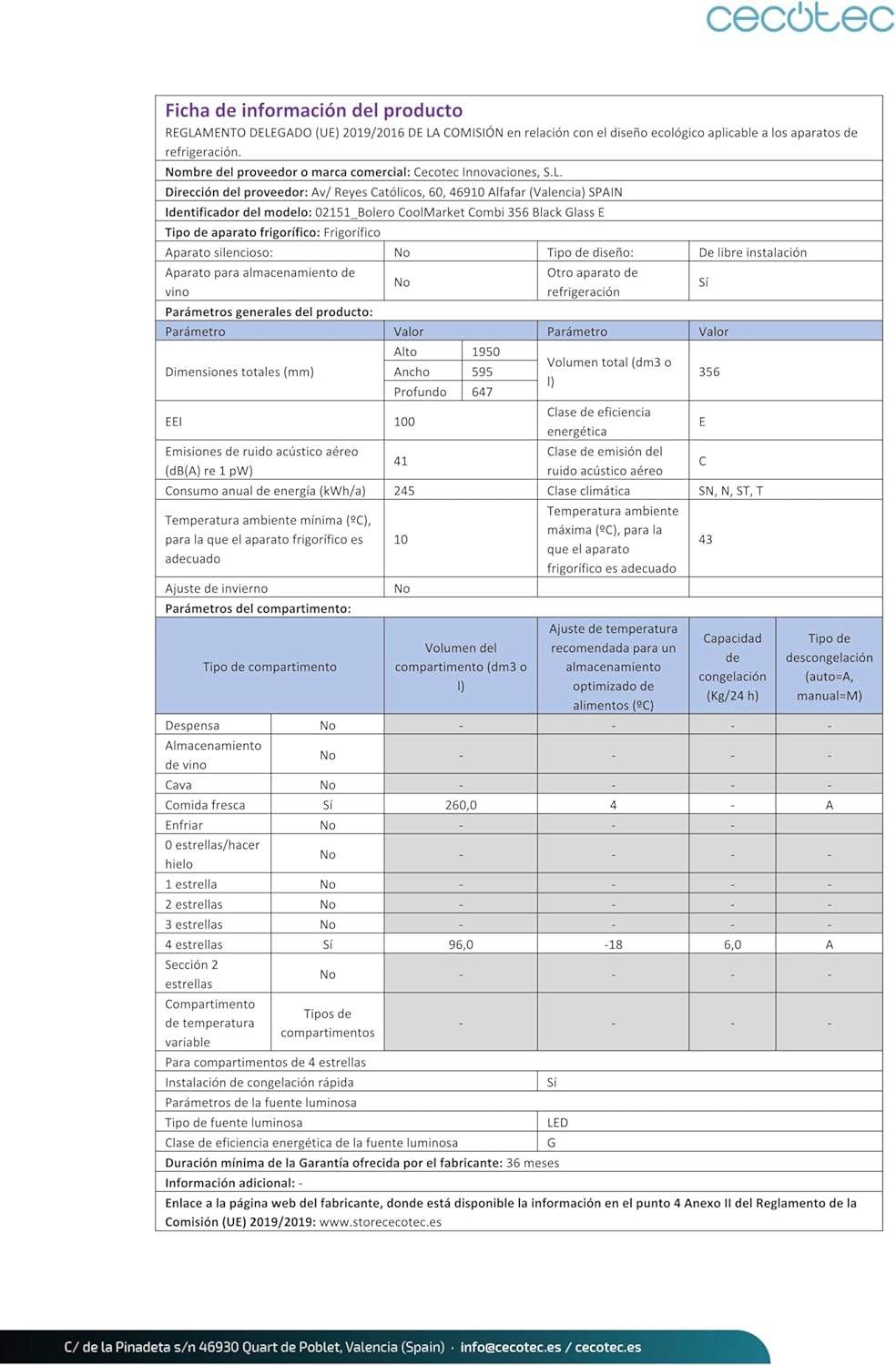 Cecotec - Bolero CoolMarket Combi - 356L, No-Frost, Multi Airflow, mode Vacances, classe E, tiroir humidité - 356 Black 