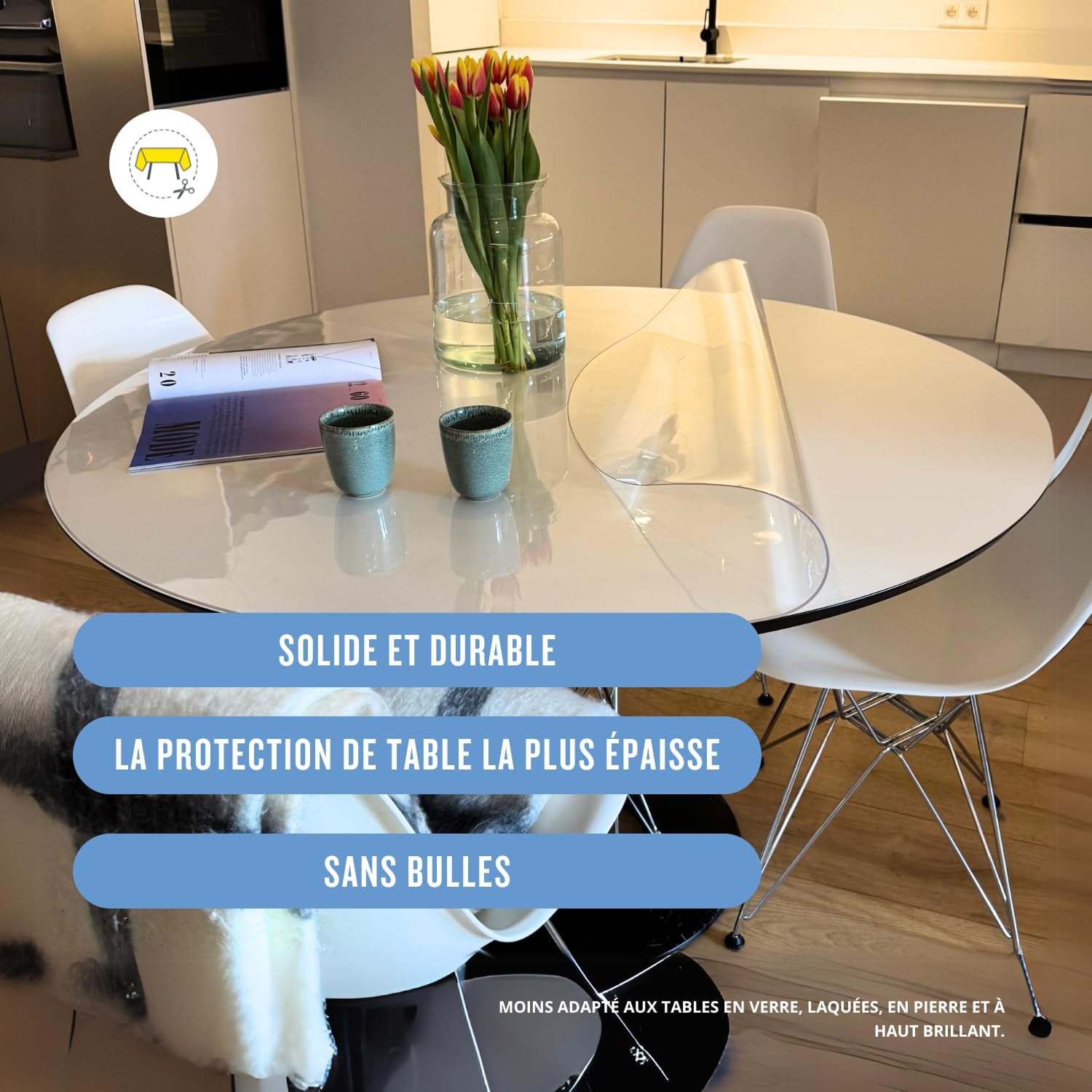 Nappe transparente ronde – 60 cm, 2mm épaisseur, lavable, anti-tache
