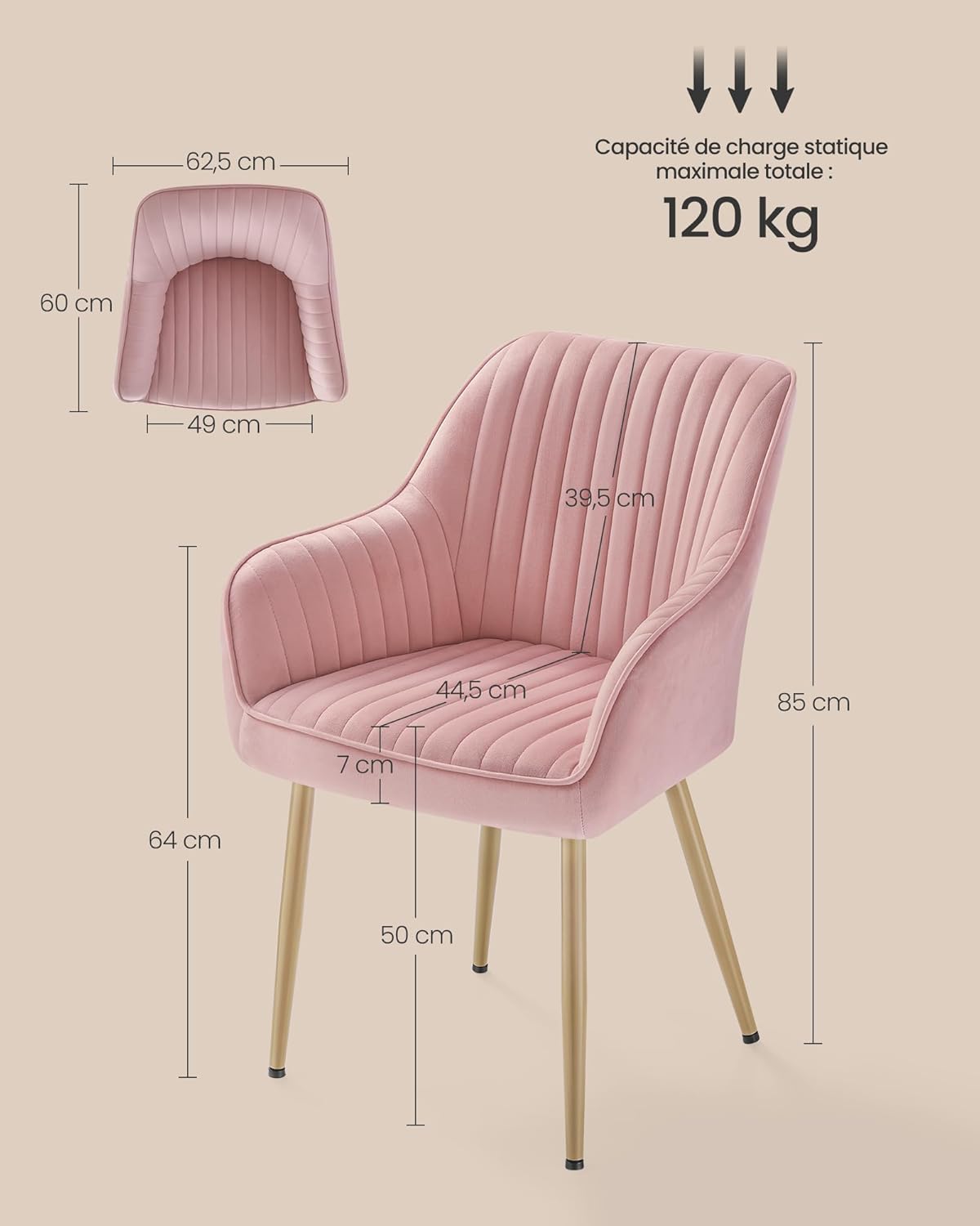 SONGMICS - fauteuil velours, pieds métal, accoudoirs, rose, 120kg - LDC087R01