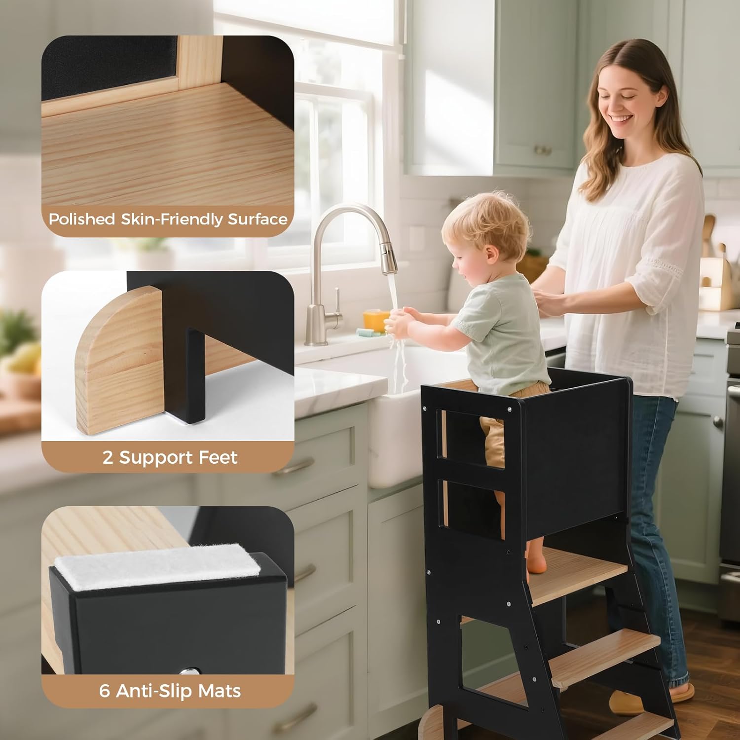 KIDINIX - Tour d'apprentissage Montessori - hauteur réglable, anti-basculement, bois/noir