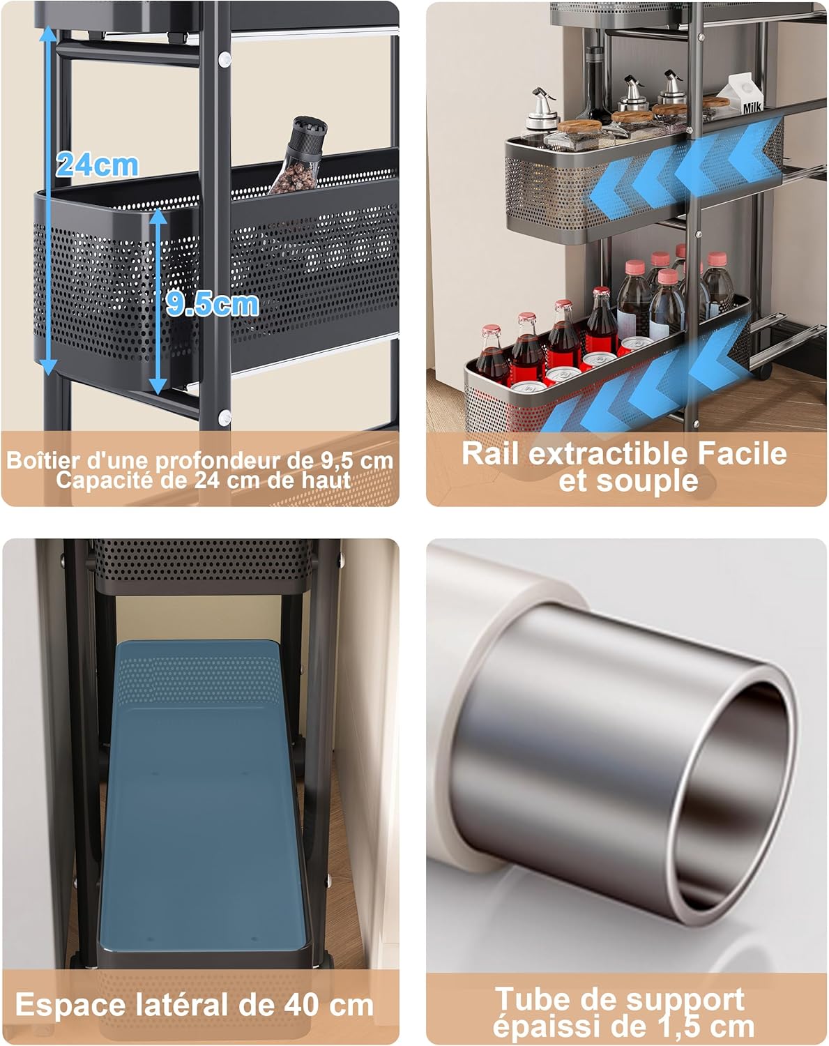 UMDONX - chariot cuisine 5 niveaux métal, étroit, tiroirs, noir UMDONX