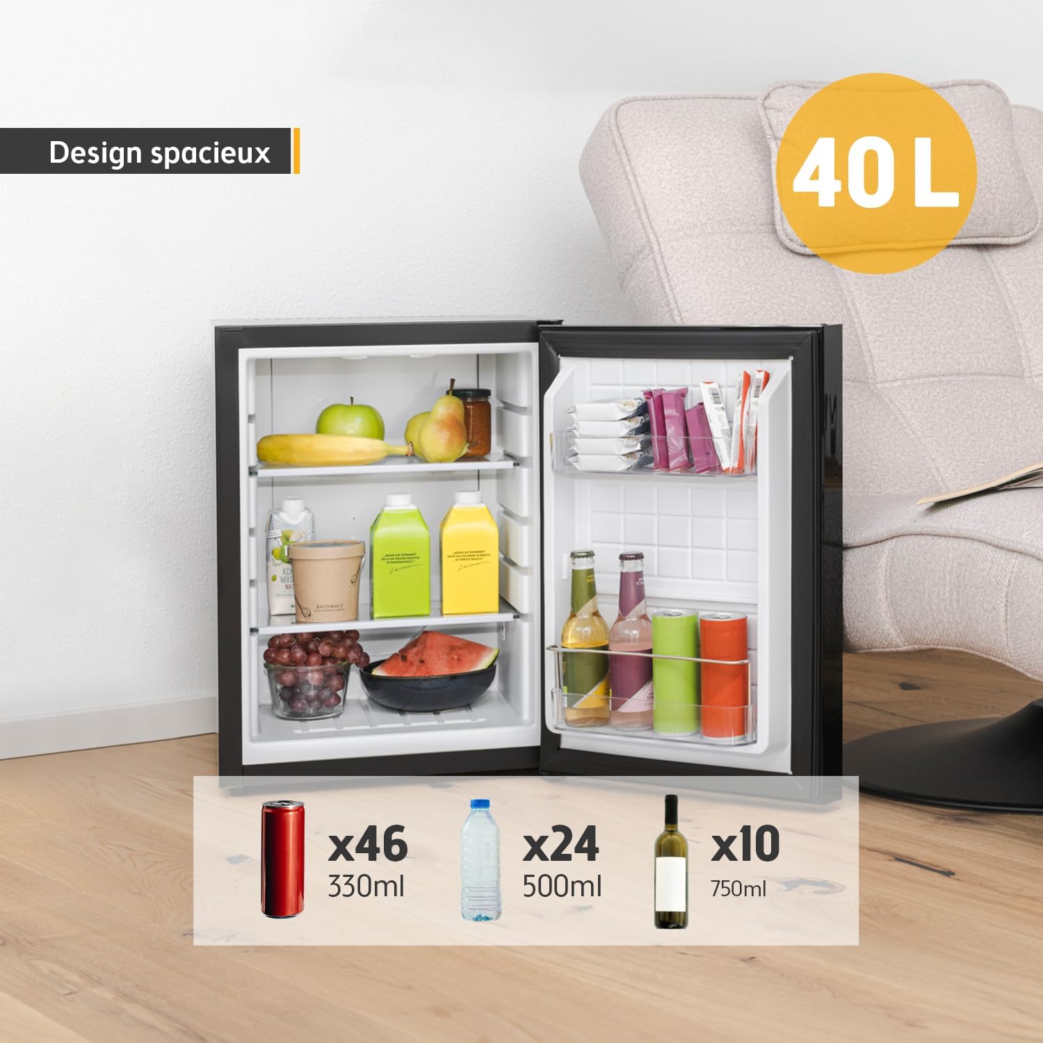 TZS First Austria - mini-frigo 40L silencieux, porte réversible, intérieur éclairé, compact pour bureau ou hôtel