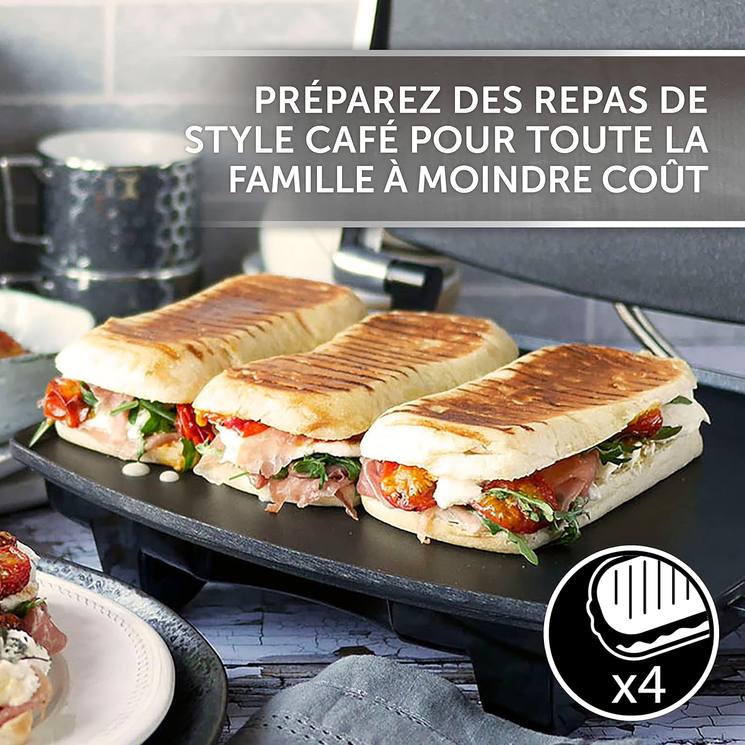 Breville - Sandwich/Panini Press 4 tranches, inox, plaques antiadhésives - VST026X