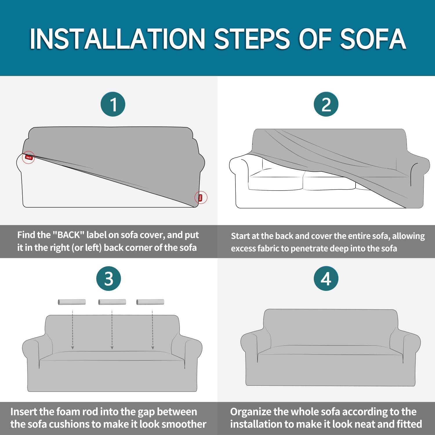 Housse Canapé - 2 places, extensible, accoudoirs, lavable, gris clair