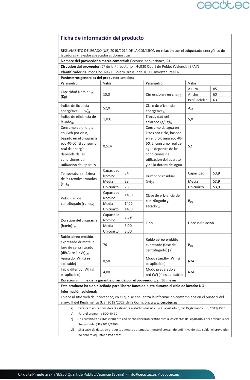Cecotec - Bolero Dresscode 10500 - 10kg - 1400rpm, Inverter, vapeur, faible conso, 16 programmes - 10500