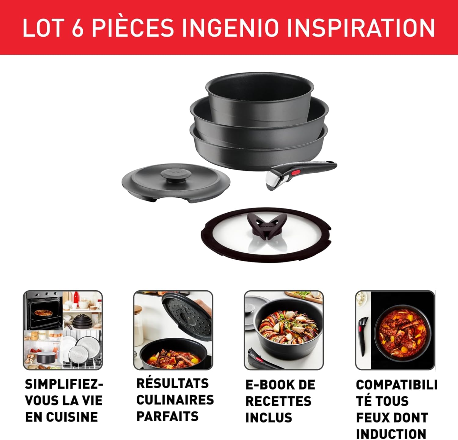 Tefal - Ingenio Inspiration - lot 6 pièces induction, poignée amovible, L867S604