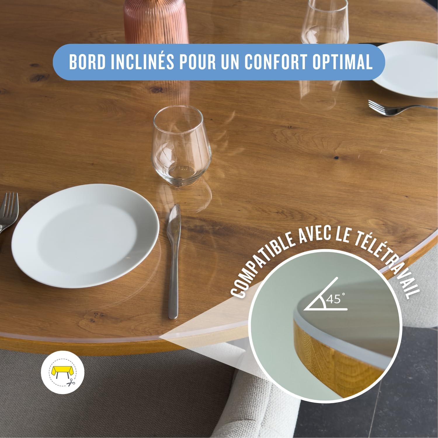 Nappe transparente ronde 95cm, épaisseur 3mm, anti-tache, intérieur/extérieur