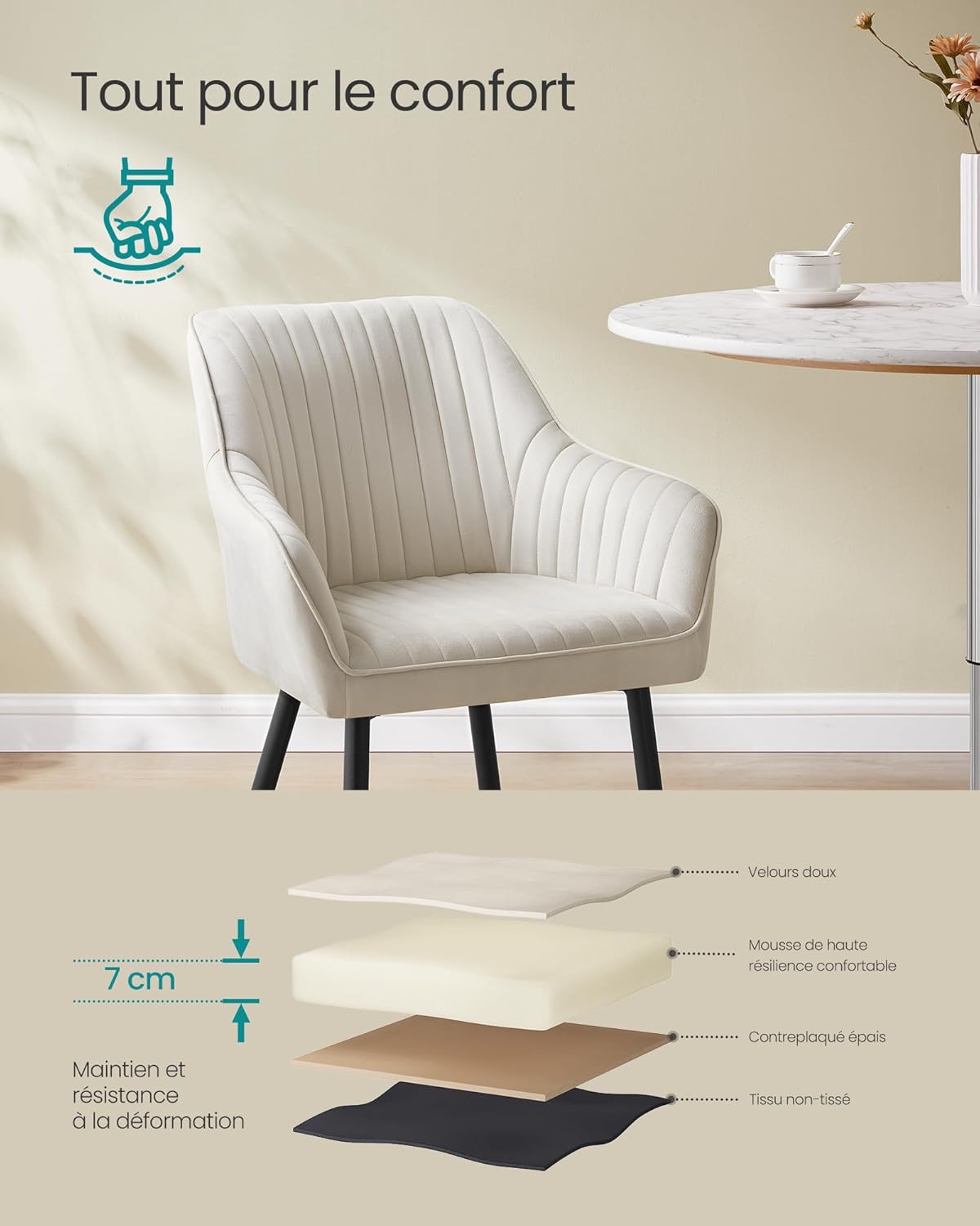 SONGMICS - fauteuil salle à manger velours, accoudoirs, métal, 120kg, LDC087W01