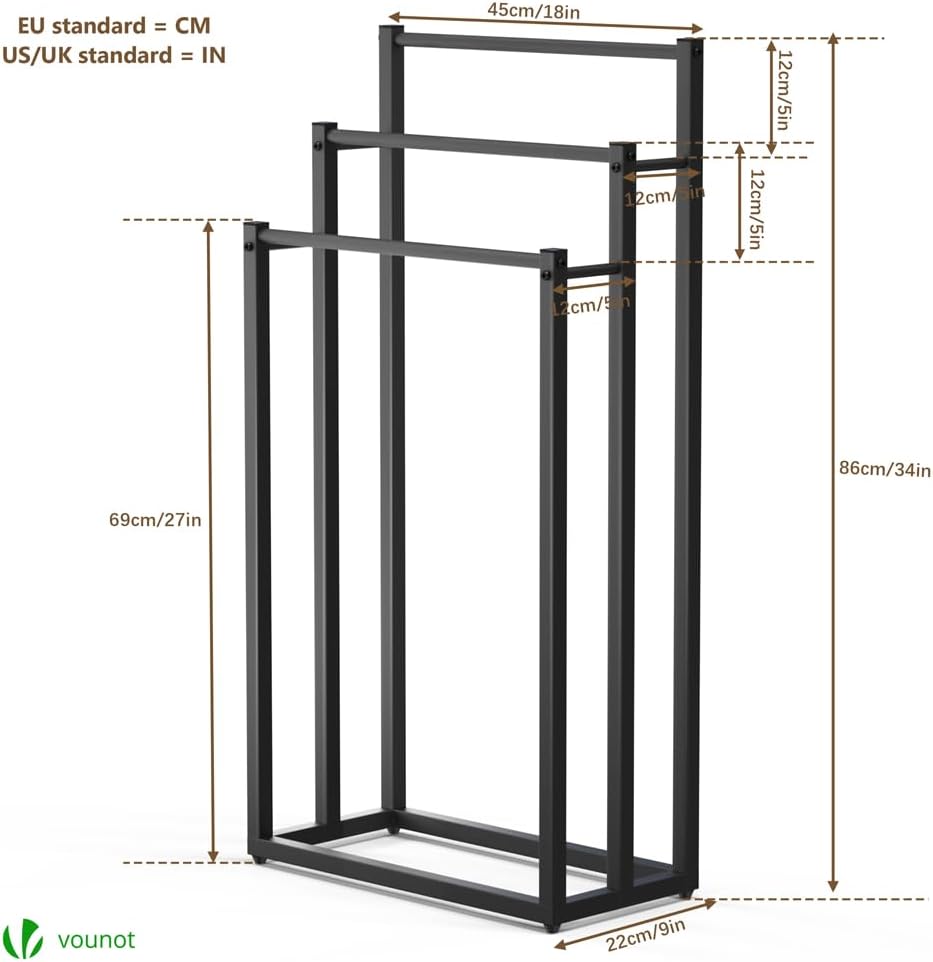 VOUNOT - porte-serviettes 3 niveaux métal, noir, stable et compact