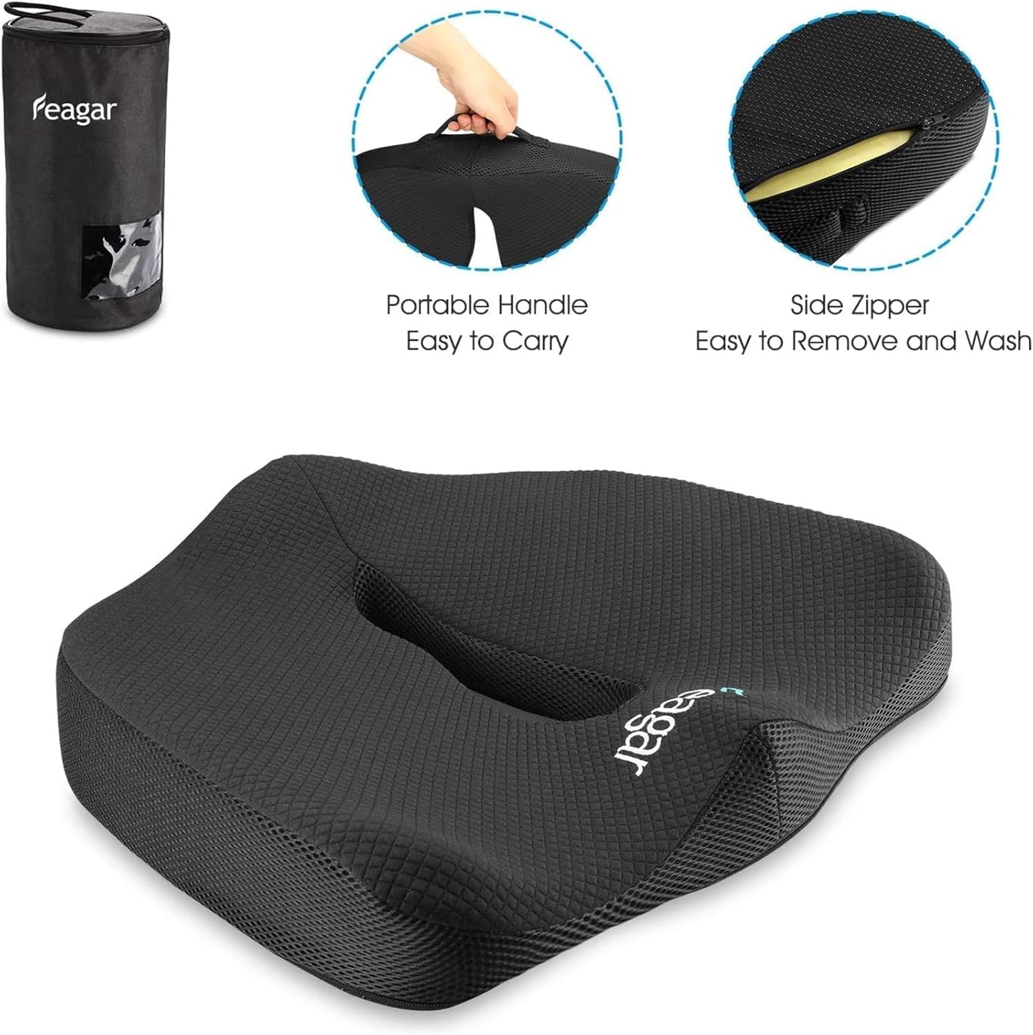 Feagar - Coussin mémoire ergonomique pour assise - noir - soutien coccyx, siège voiture, bureau, fauteuil roulant