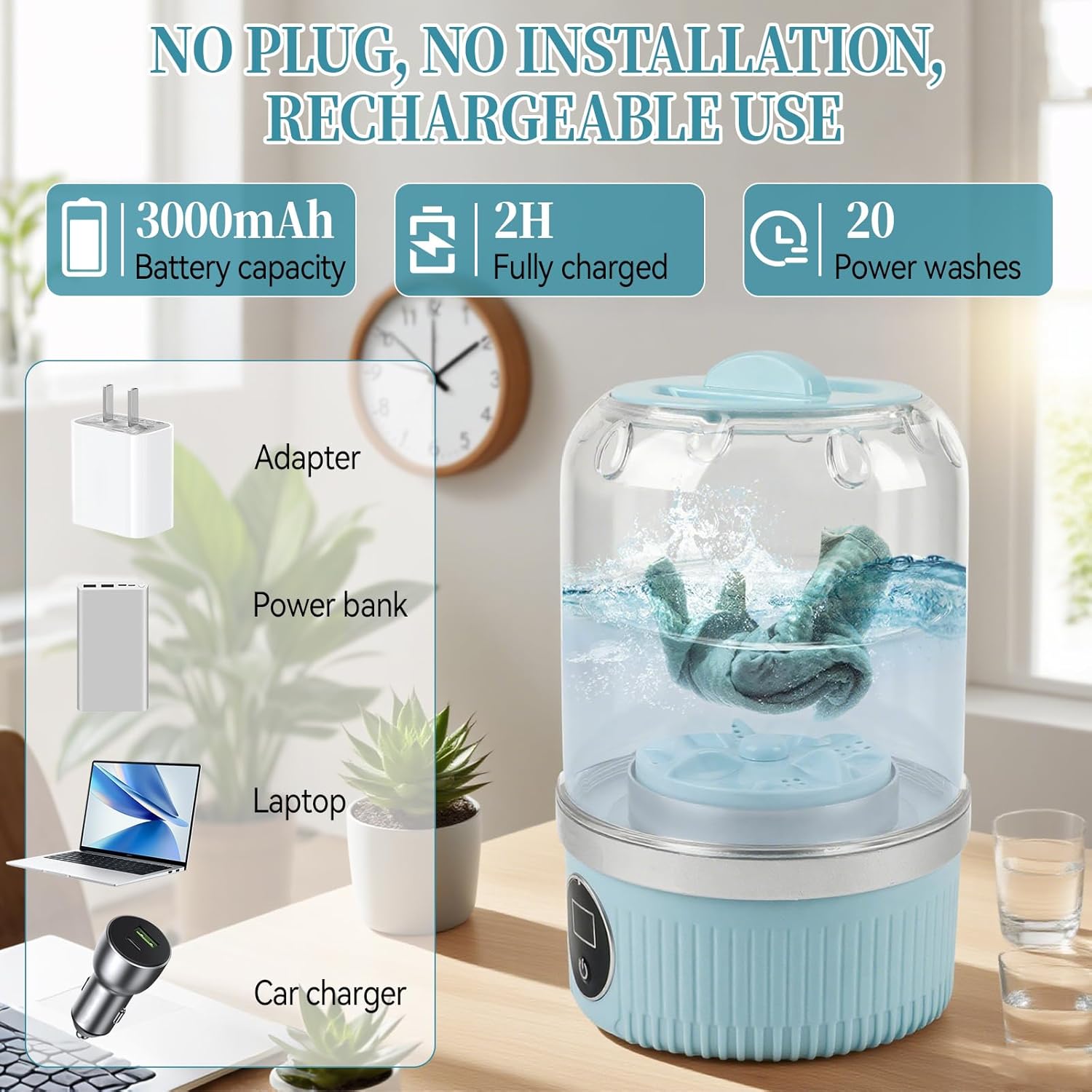 Mini machine à laver portable - 2 modes, 15W - compacte, bleue, mobile, idéale bébé et voyage