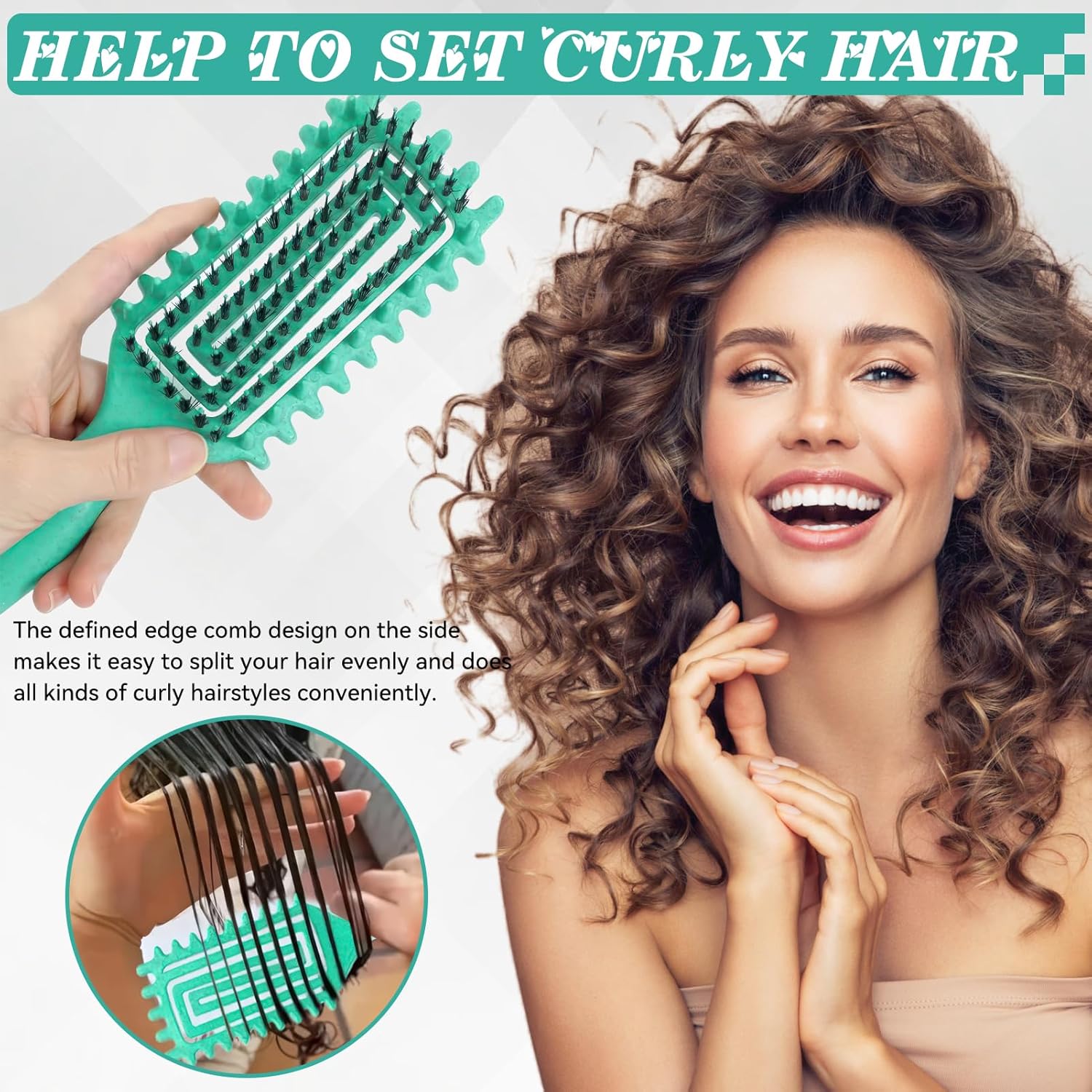 Brosse à boucler - manche ergonomique, antistatique, doux - démêlage facile - cheveux femmes, hommes, enfants - vert
